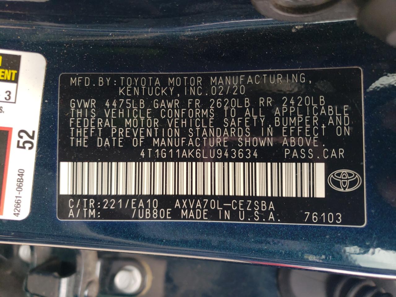 2020 Toyota Camry Se VIN: 4T1G11AK6LU943634 Lot: 49352145