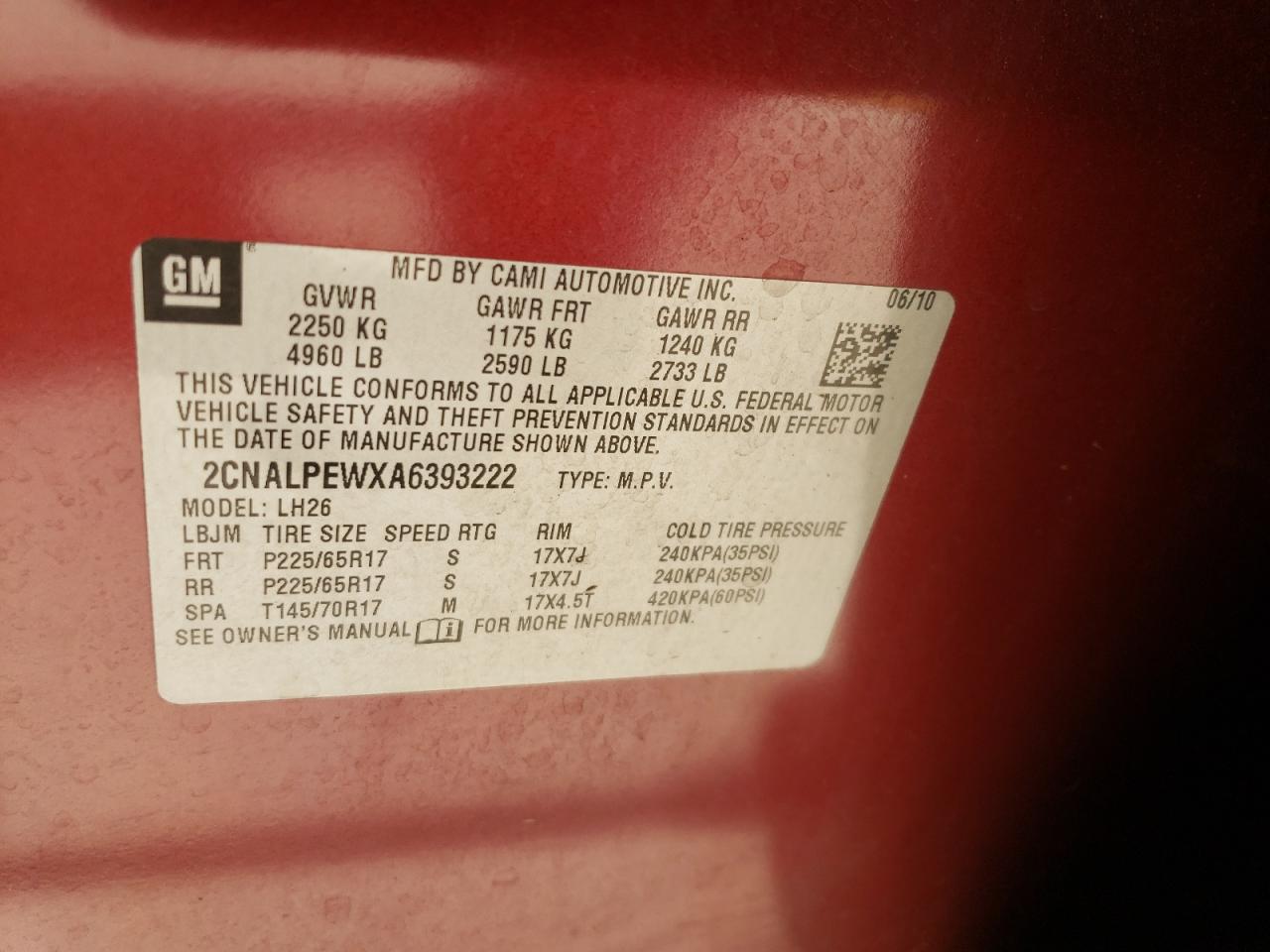 2010 Chevrolet Equinox Lt VIN: 2CNALPEWXA6393222 Lot: 60482264