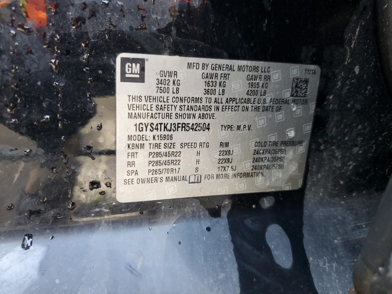 2015 Cadillac Escalade Esv Premium VIN: 1GYS4TKJ3FR542504 Lot: 59088764