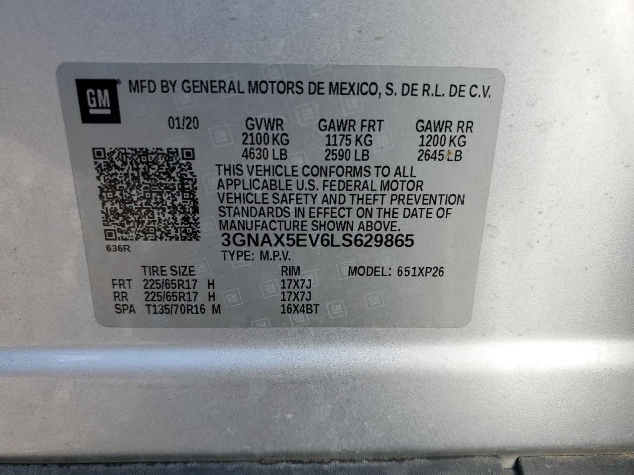 3GNAX5EV6LS629865 2020 Chevrolet Equinox