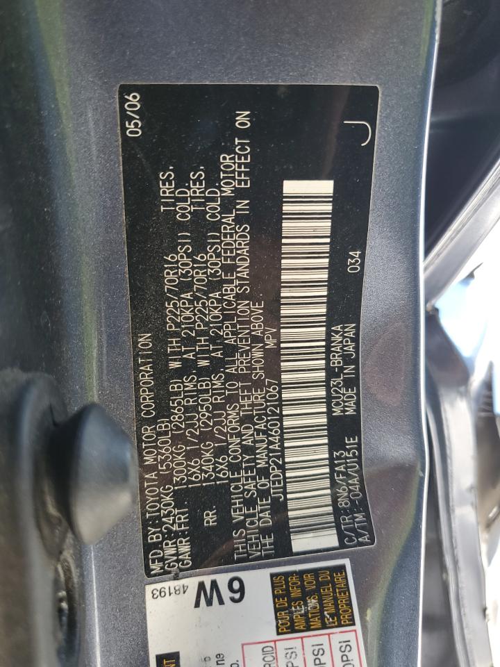 2006 Toyota Highlander Limited VIN: JTEDP21A460121067 Lot: 59847314