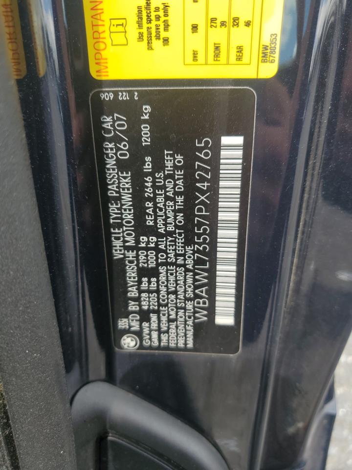 2007 BMW 335 I VIN: WBAWL73557PX42765 Lot: 61203394