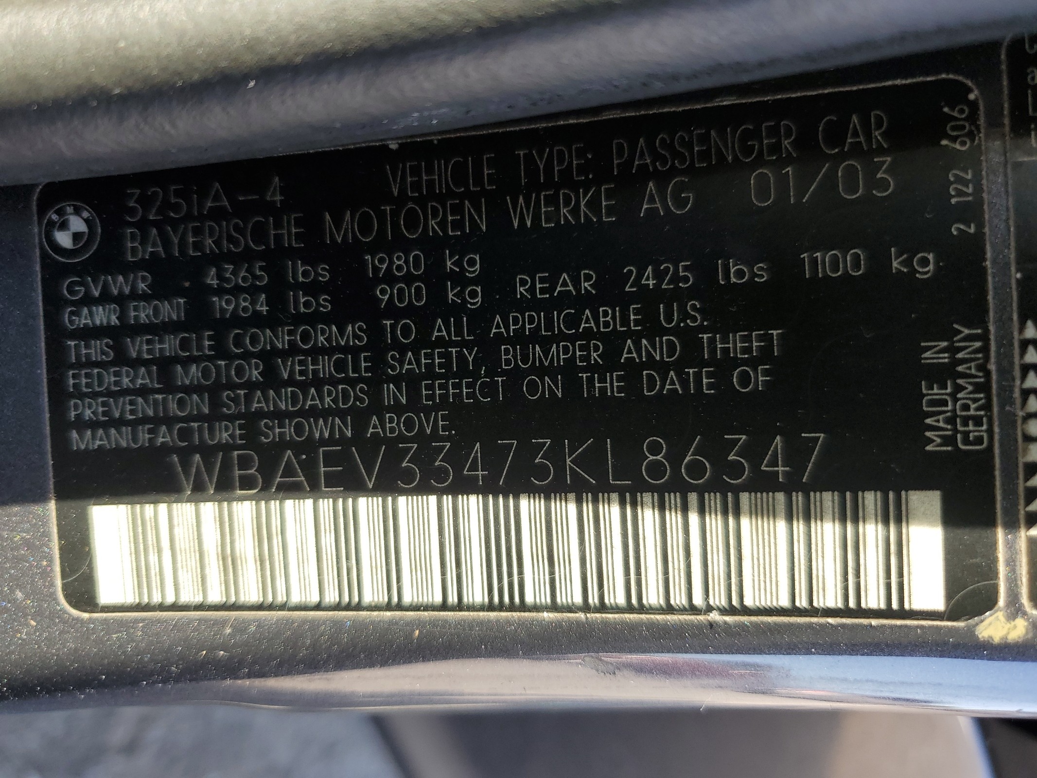 WBAEV33473KL86347 2003 BMW 325 I