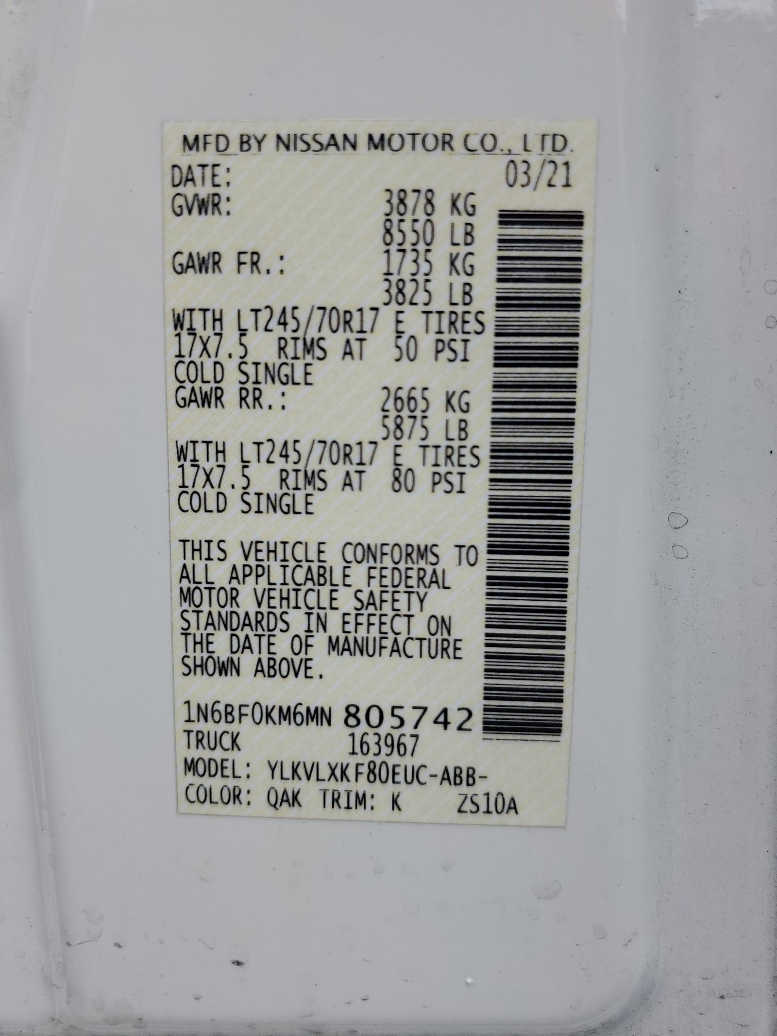 1N6BF0KM6MN805742 2021 Nissan Nv 1500 S