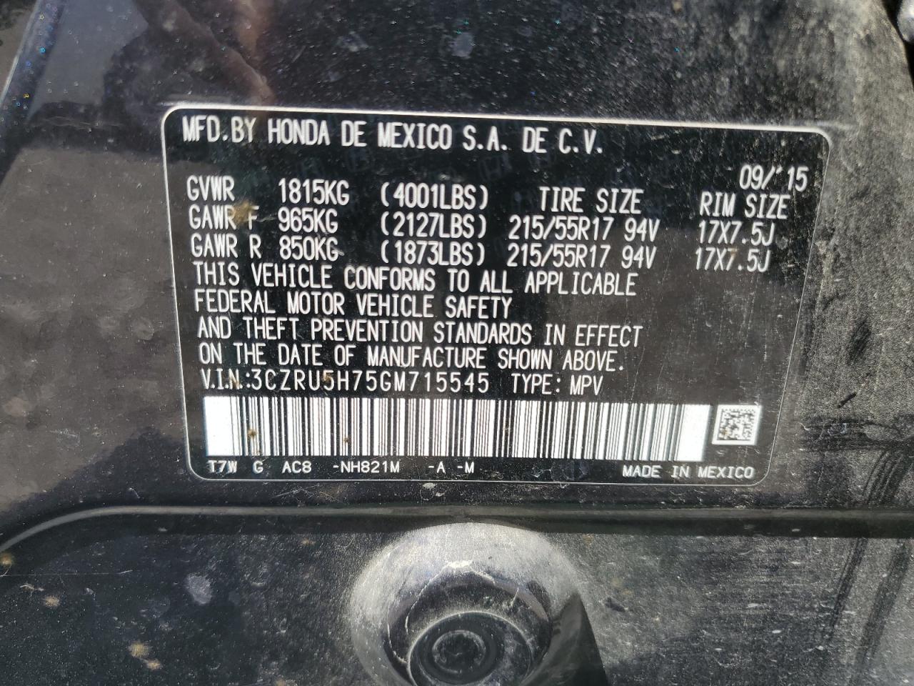 3CZRU5H75GM715545 2016 Honda Hr-V Exl