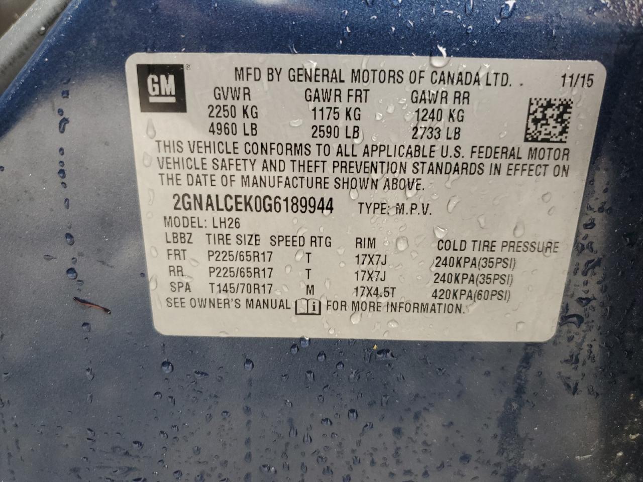 2016 Chevrolet Equinox Lt VIN: 2GNALCEK0G6189944 Lot: 57871944