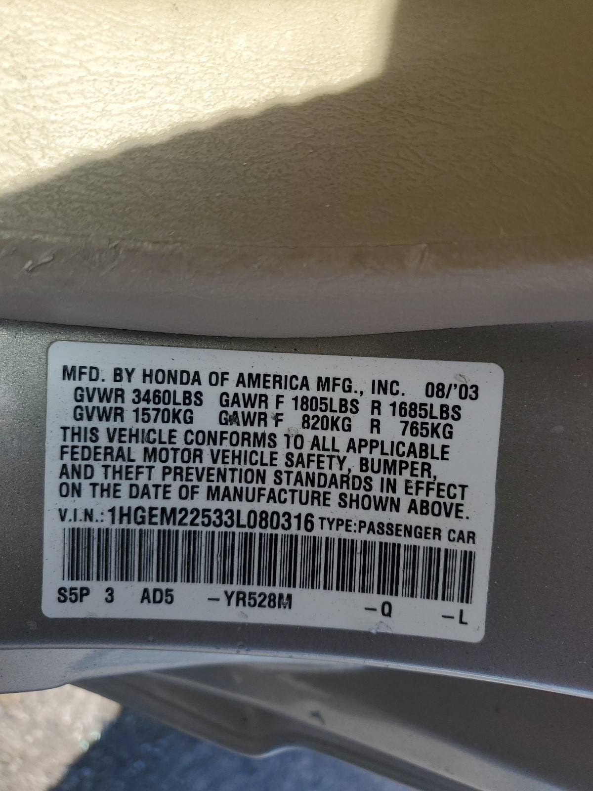 1HGEM22533L080316 2003 Honda Civic Lx