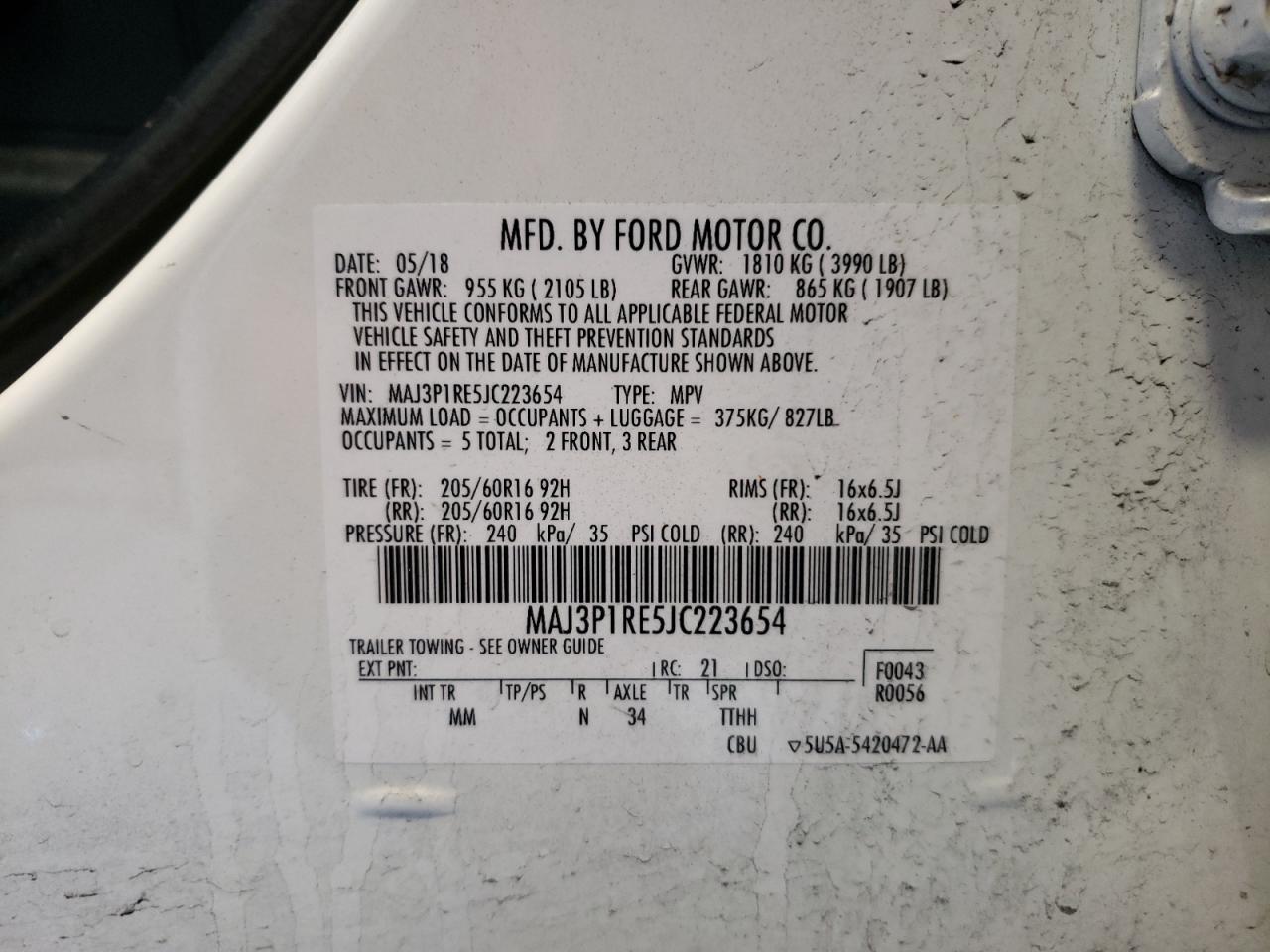 2018 Ford Ecosport S VIN: MAJ3P1RE5JC223654 Lot: 59658724