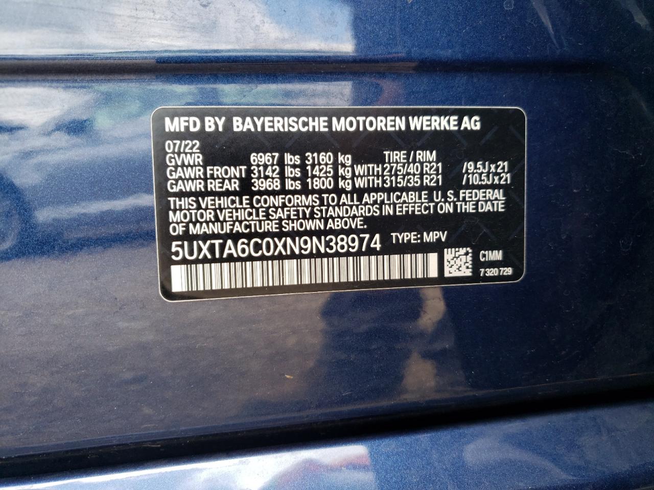 2022 BMW X5 xDrive45E VIN: 5UXTA6C0XN9N38974 Lot: 59637124