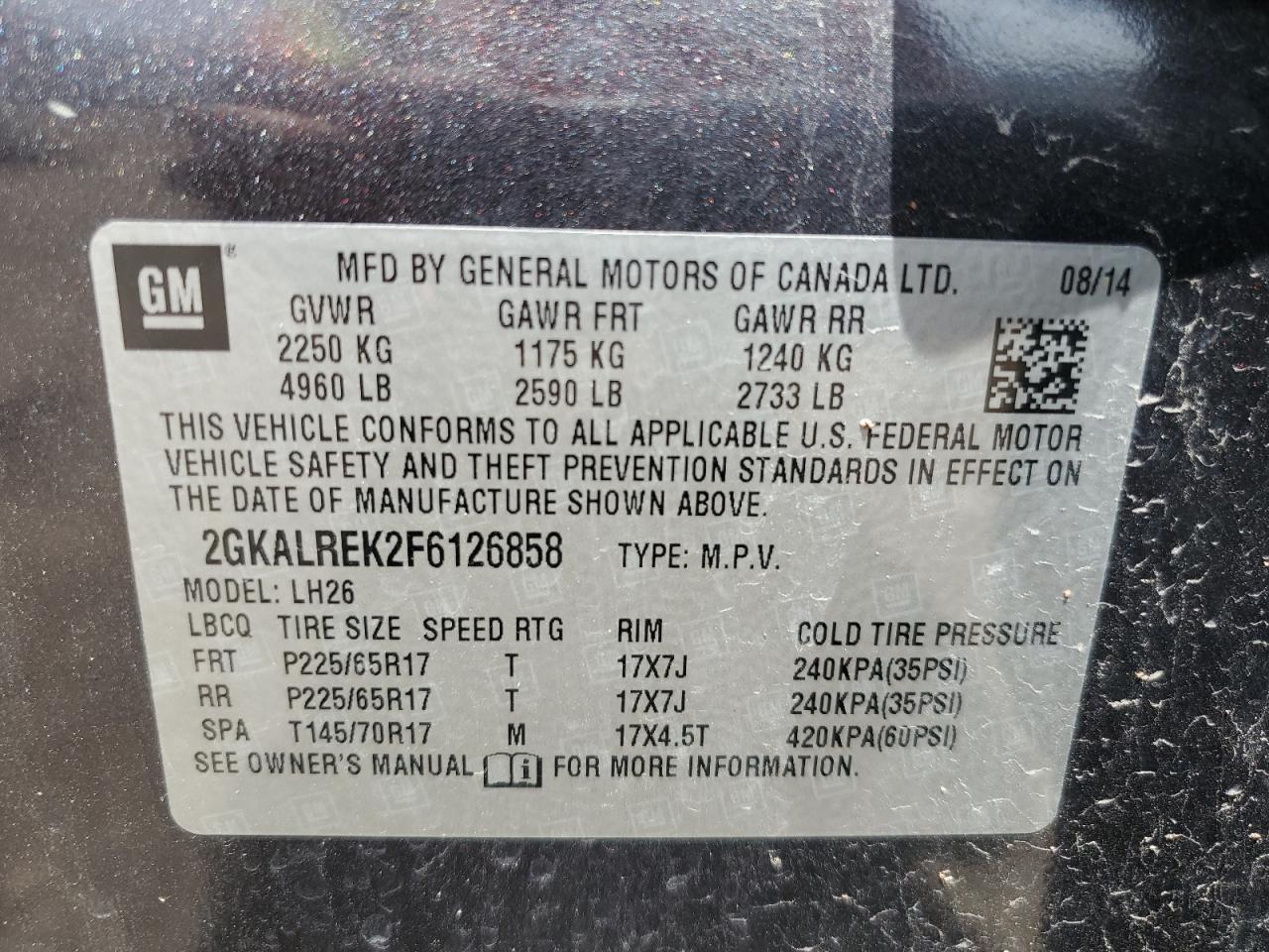 2015 GMC Terrain Sle VIN: 2GKALREK2F6126858 Lot: 60167614