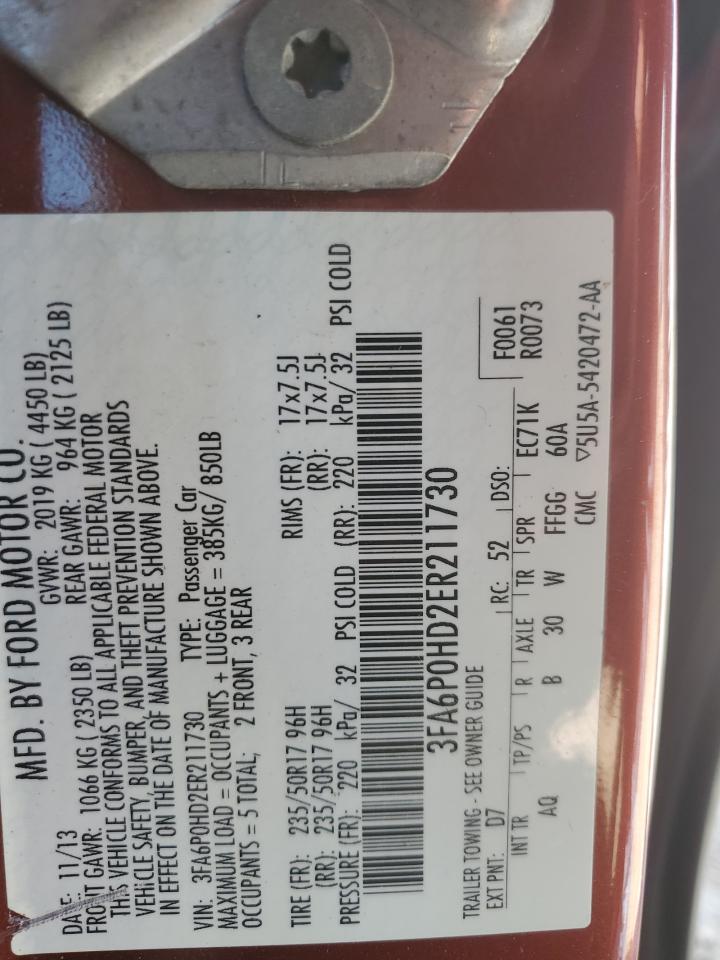 2014 Ford Fusion Se VIN: 3FA6P0HD2ER211730 Lot: 60151494