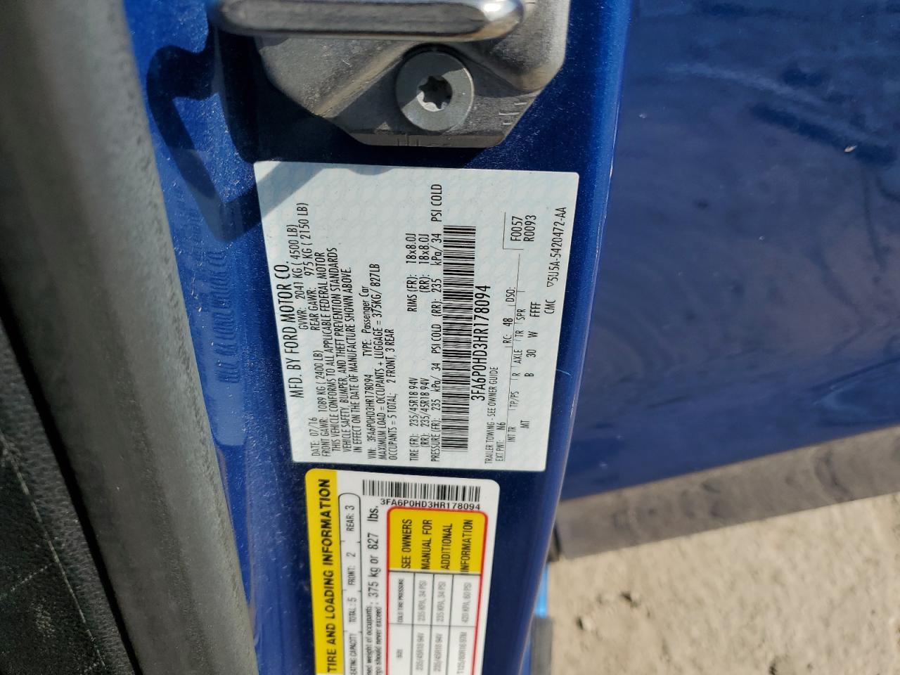 2017 Ford Fusion Se VIN: 3FA6P0HD3HR178094 Lot: 60205154