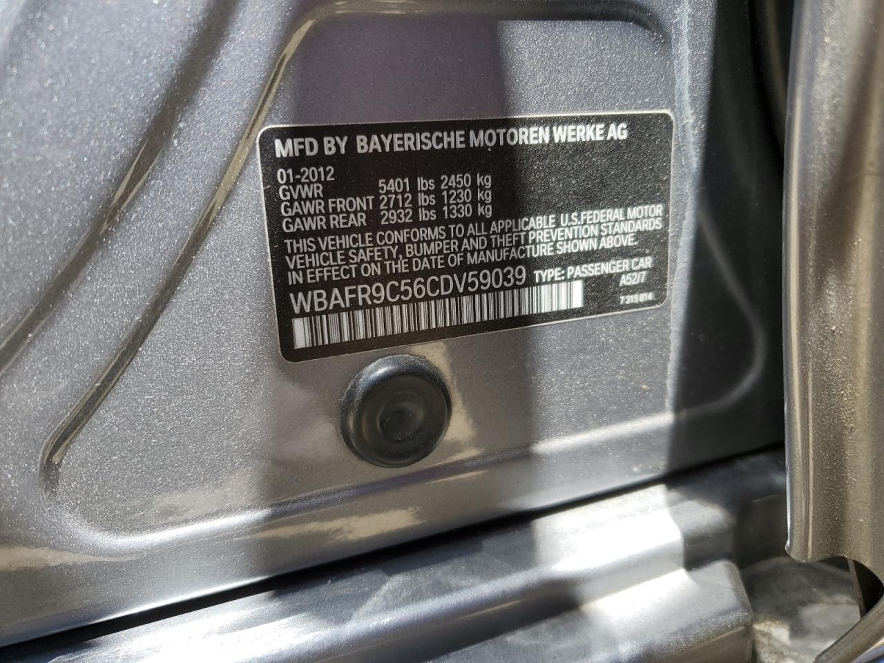 2012 BMW 550 I VIN: WBAFR9C56CDV59039 Lot: 57488194