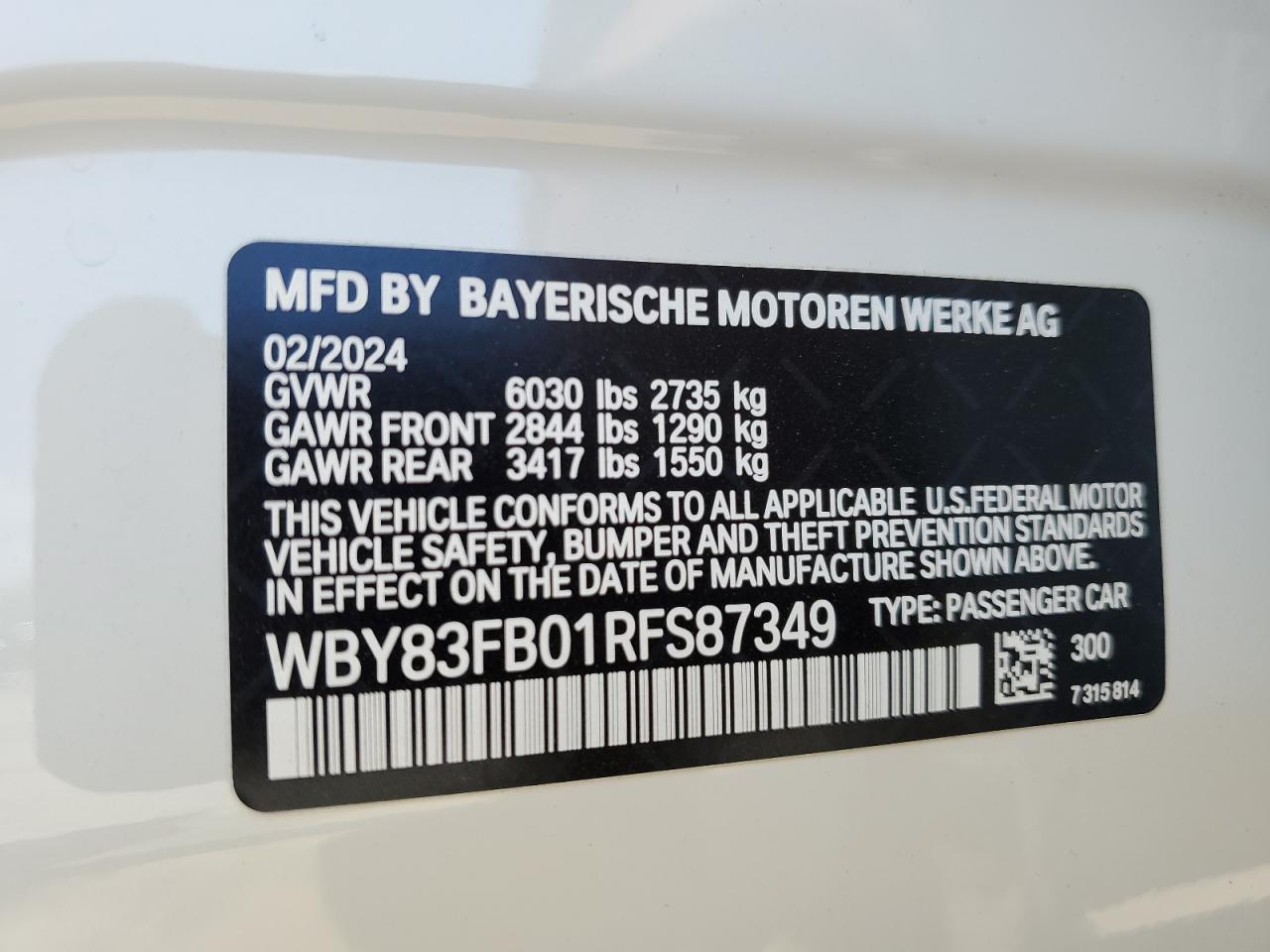 2024 BMW I4 xDrive 40 VIN: WBY83FB01RFS87349 Lot: 59687254