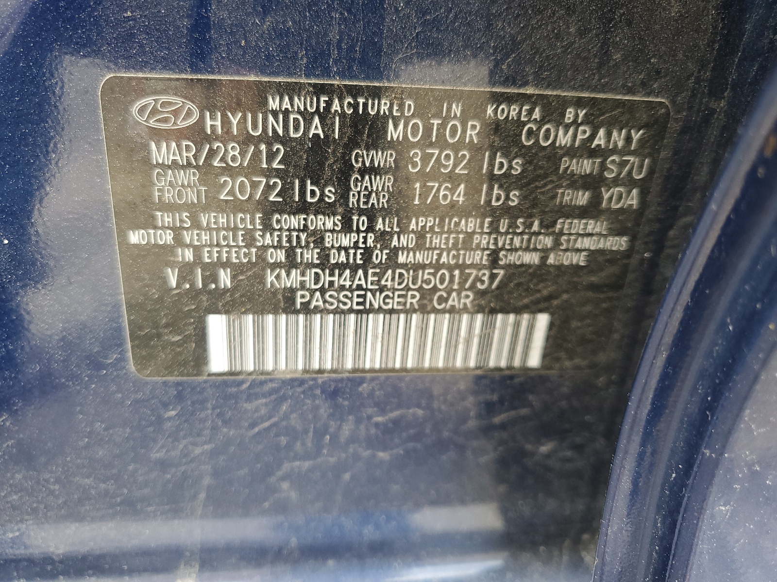 KMHDH4AE4DU501737 2013 Hyundai Elantra Gls