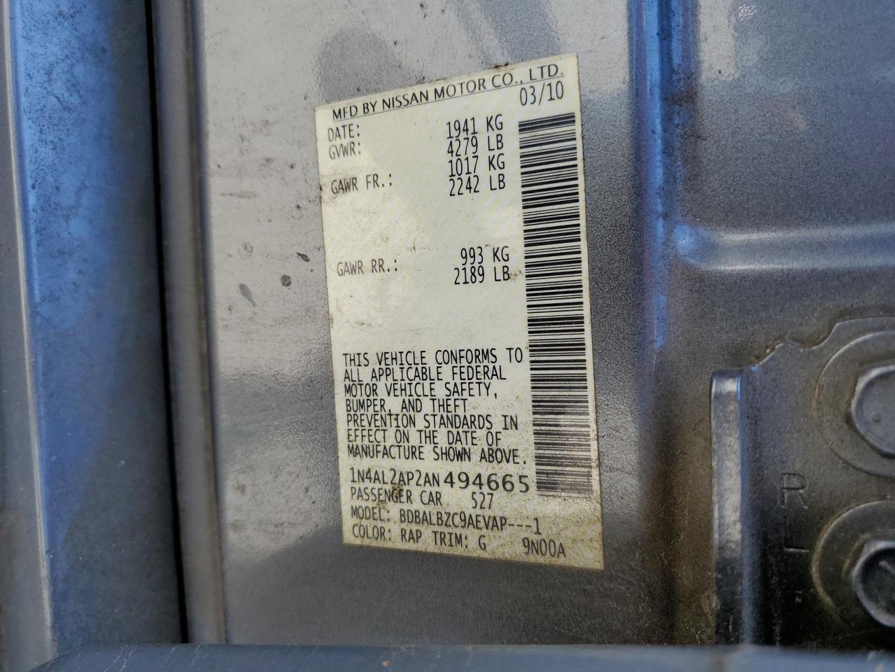 1N4AL2AP2AN494665 2010 Nissan Altima Base