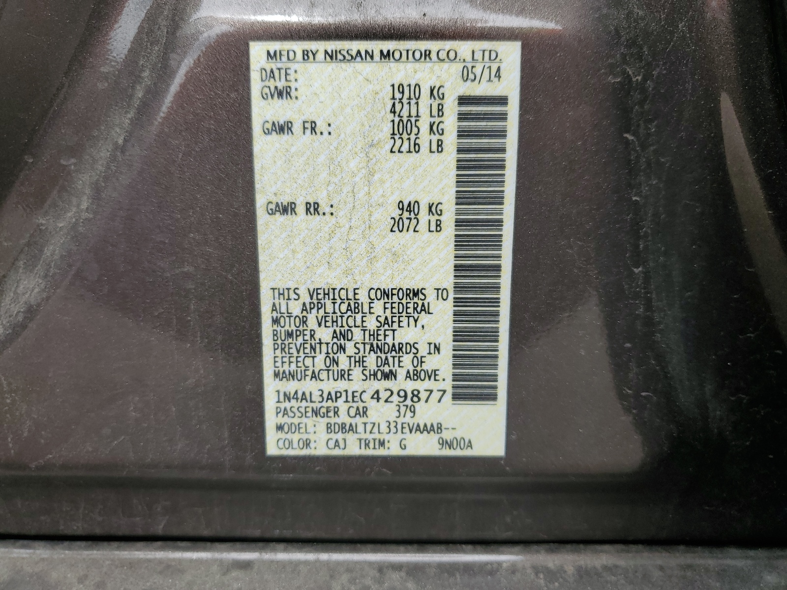 1N4AL3AP1EC429877 2014 Nissan Altima 2.5