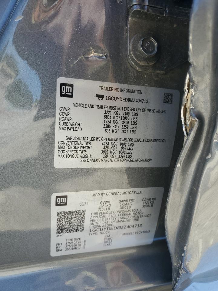2021 Chevrolet Silverado K1500 Lt VIN: 1GCUYDED8MZ404713 Lot: 61041644