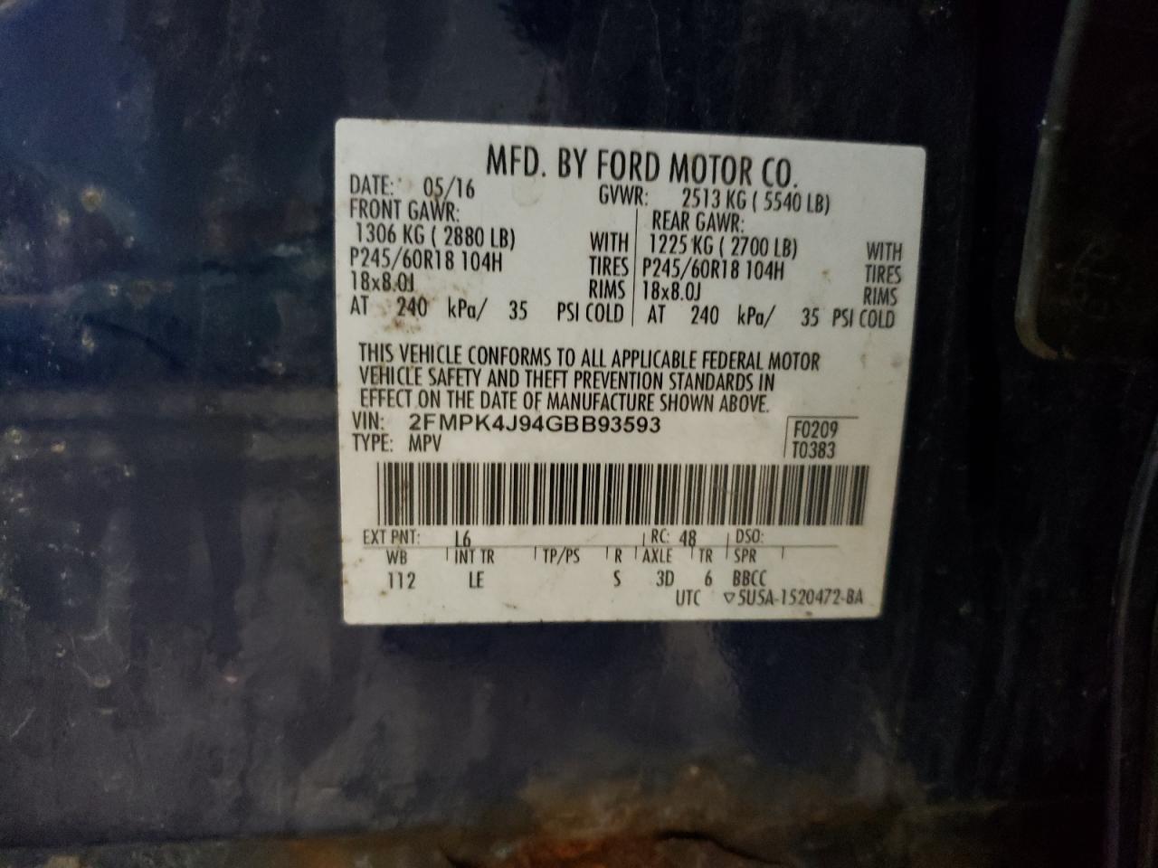 2016 Ford Edge Sel VIN: 2FMPK4J94GBB93593 Lot: 57474944