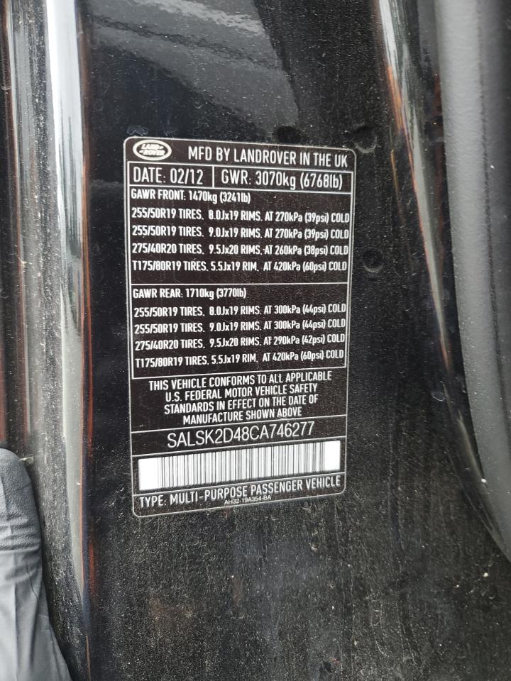 2012 Land Rover Range Rover Sport Hse Luxury VIN: SALSK2D48CA746277 Lot: 58348084
