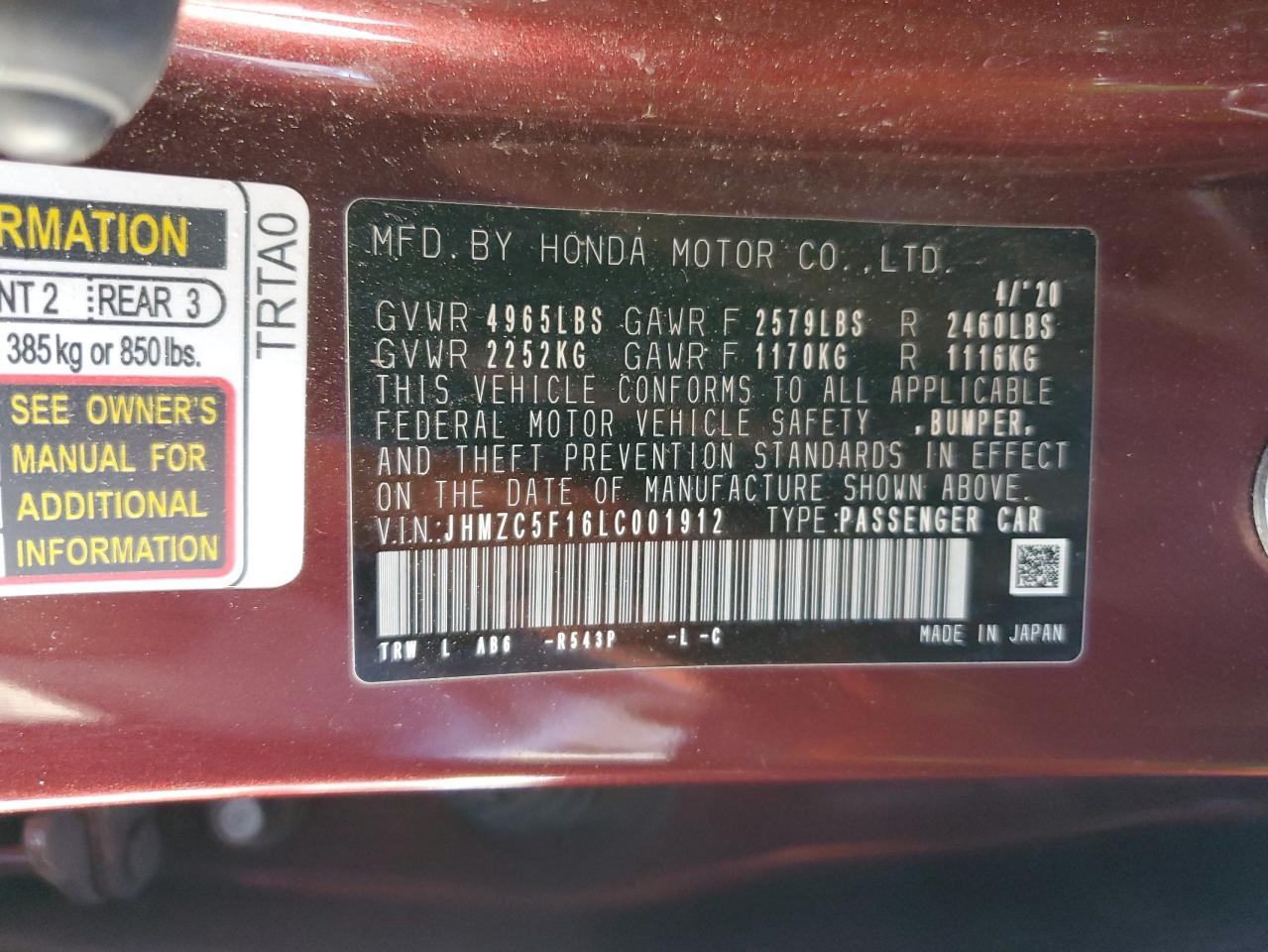 2020 Honda Clarity VIN: JHMZC5F16LC001912 Lot: 60696234