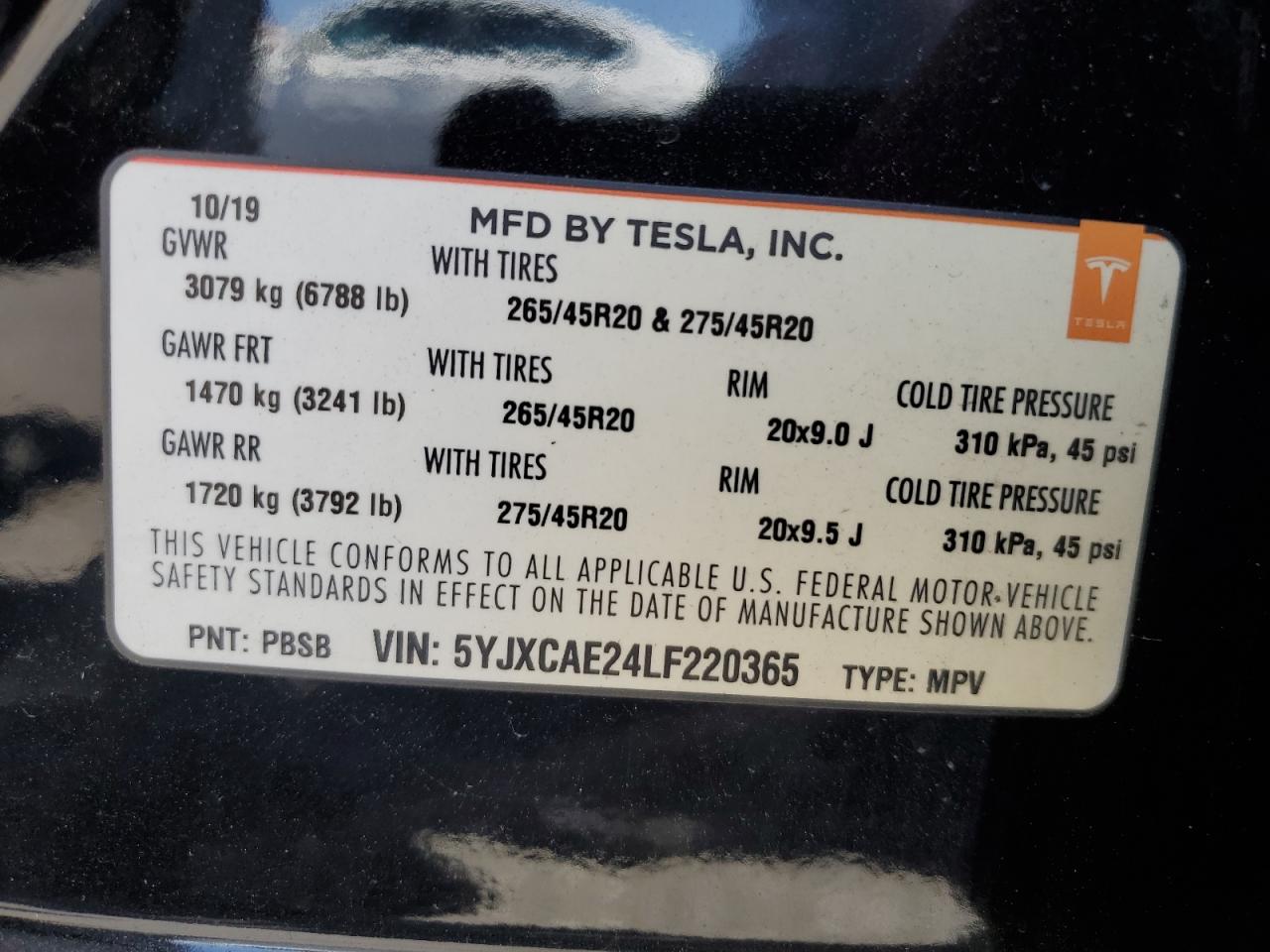 2020 Tesla Model X VIN: 5YJXCAE24LF220365 Lot: 60310234