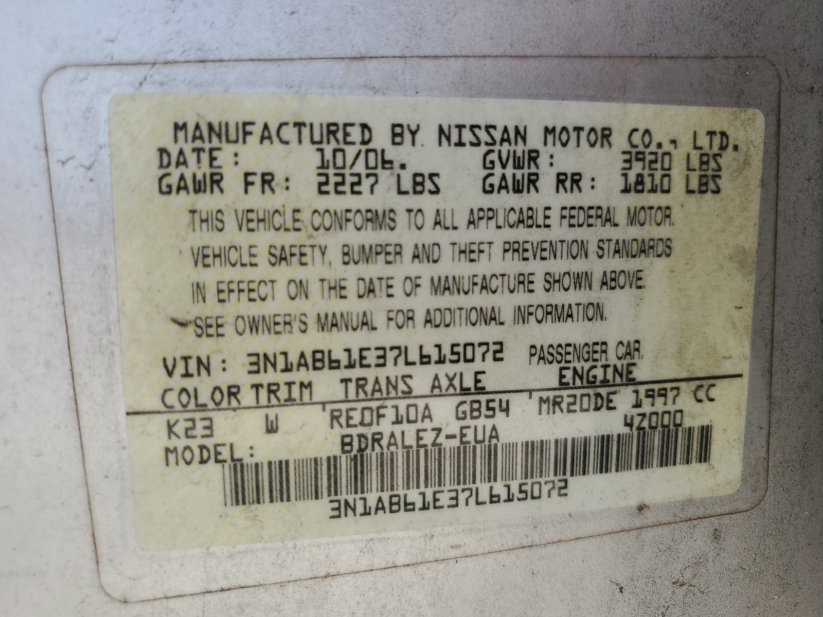 3N1AB61E37L615072 2007 Nissan Sentra 2.0