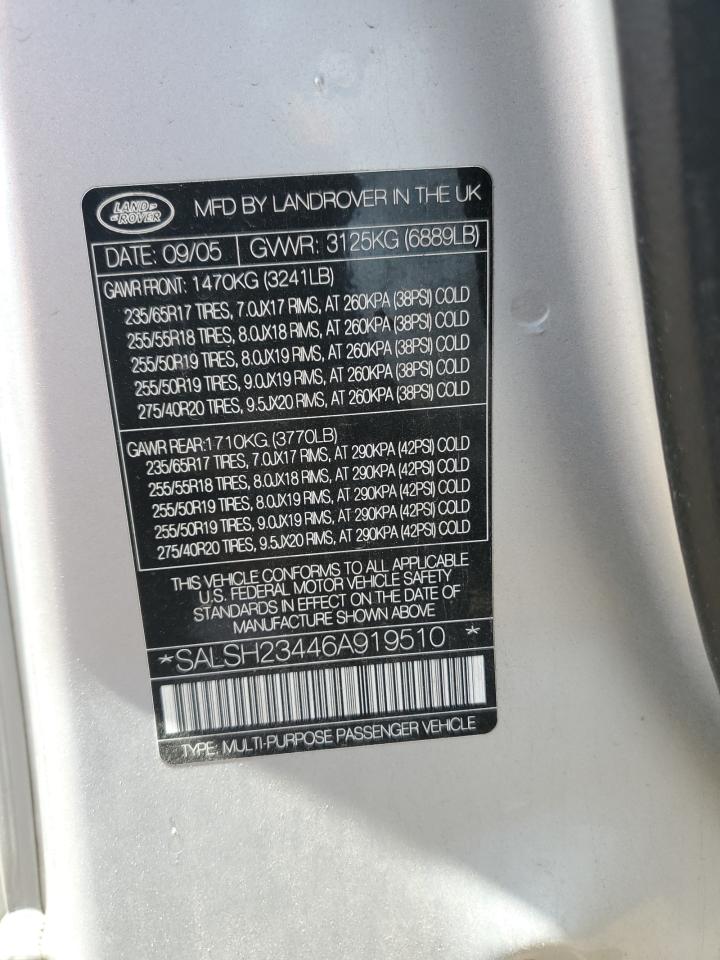 2006 Land Rover Range Rover Sport Supercharged VIN: SALSH23446A919510 Lot: 59604624