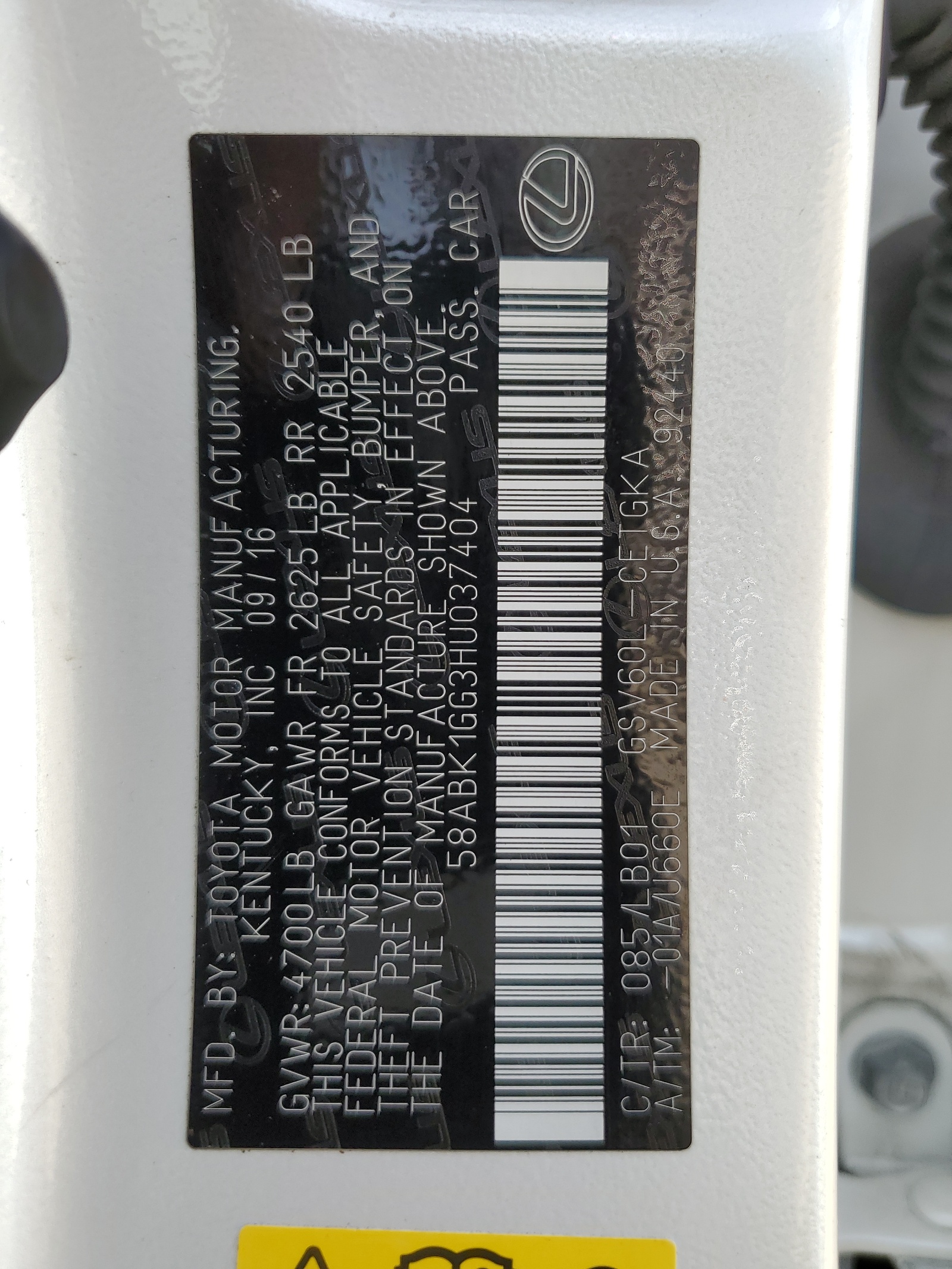 58ABK1GG3HU037404 2017 Lexus Es 350