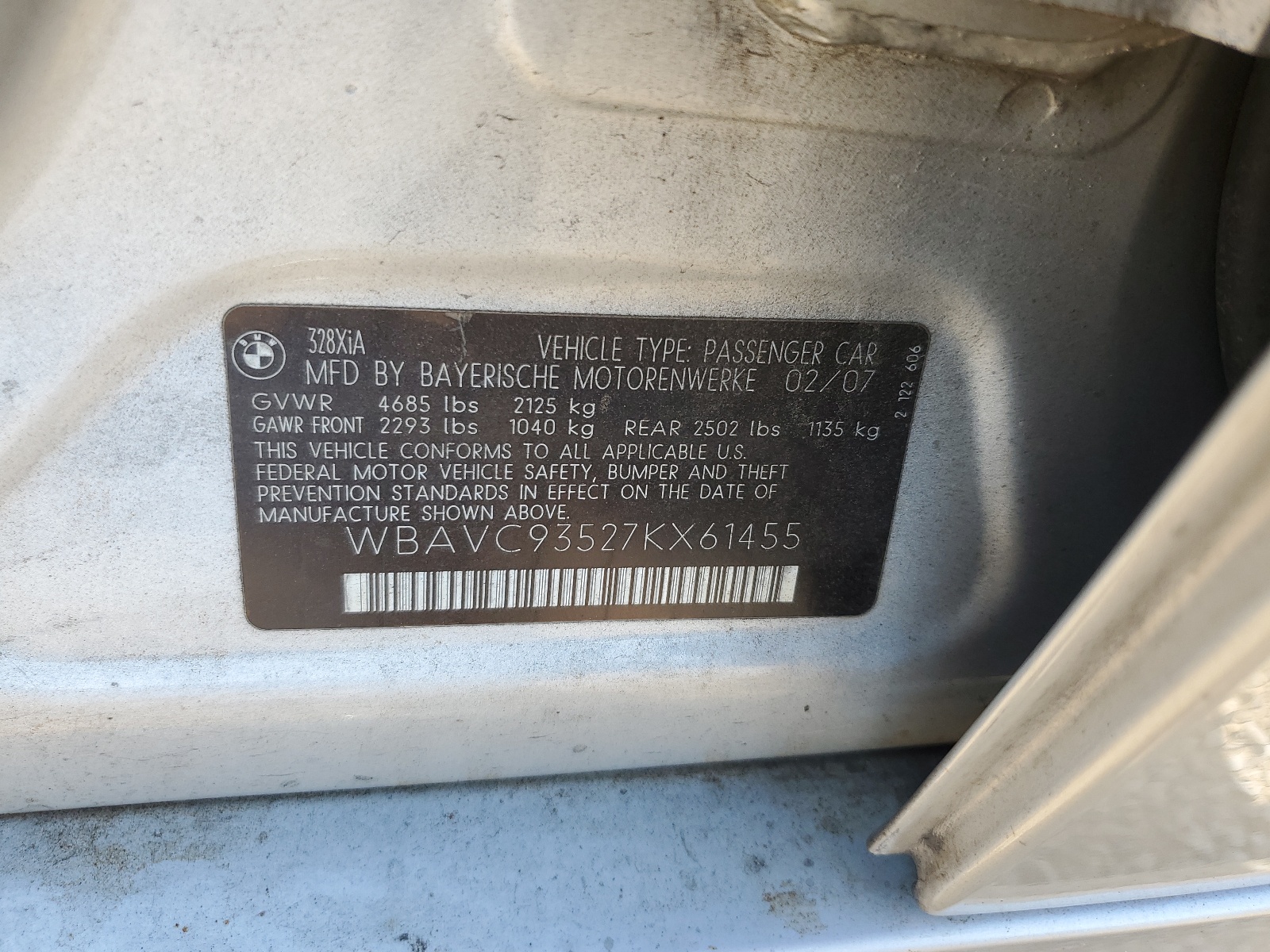 WBAVC93527KX61455 2007 BMW 328 Xi