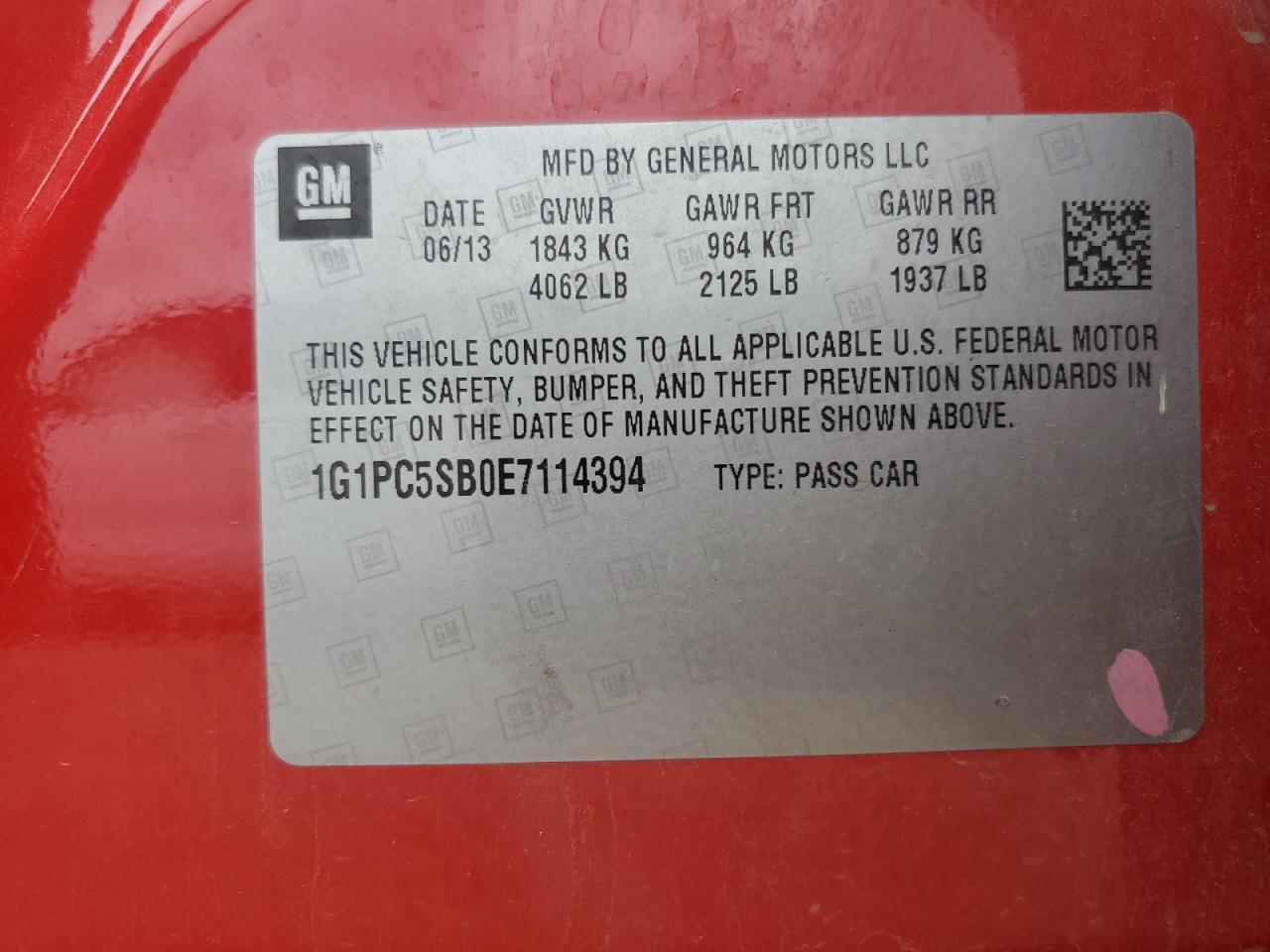 2014 Chevrolet Cruze Lt VIN: 1G1PC5SB0E7114394 Lot: 57094325