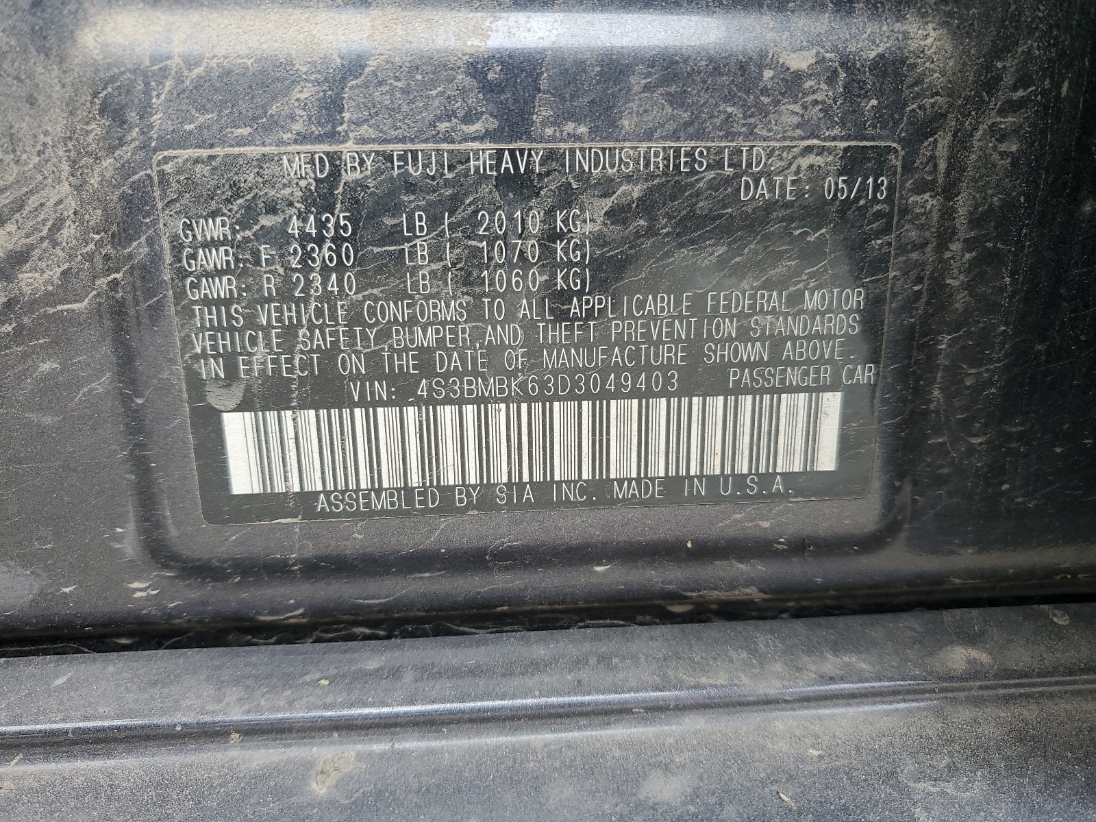 4S3BMBK63D3049403 2013 Subaru Legacy 2.5I Limited