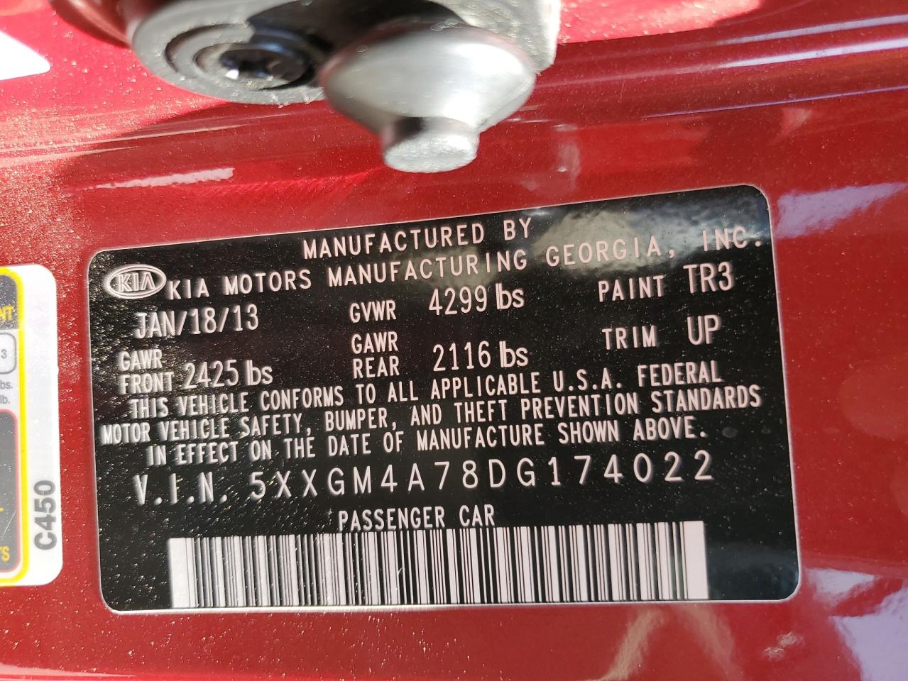 2013 Kia Optima Lx VIN: 5XXGM4A78DG174022 Lot: 60544014