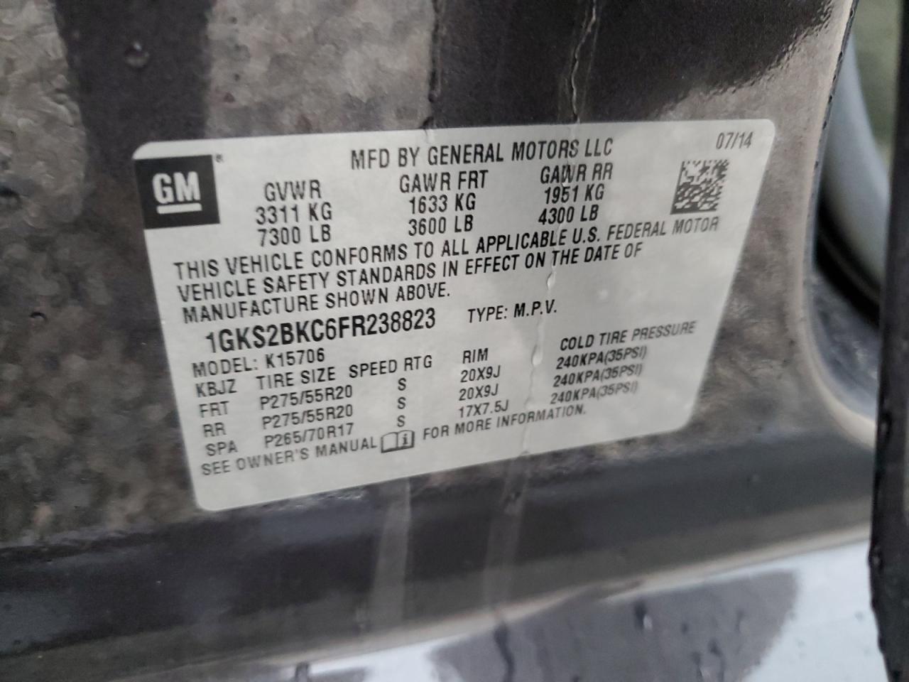 1GKS2BKC6FR238823 2015 GMC Yukon Slt