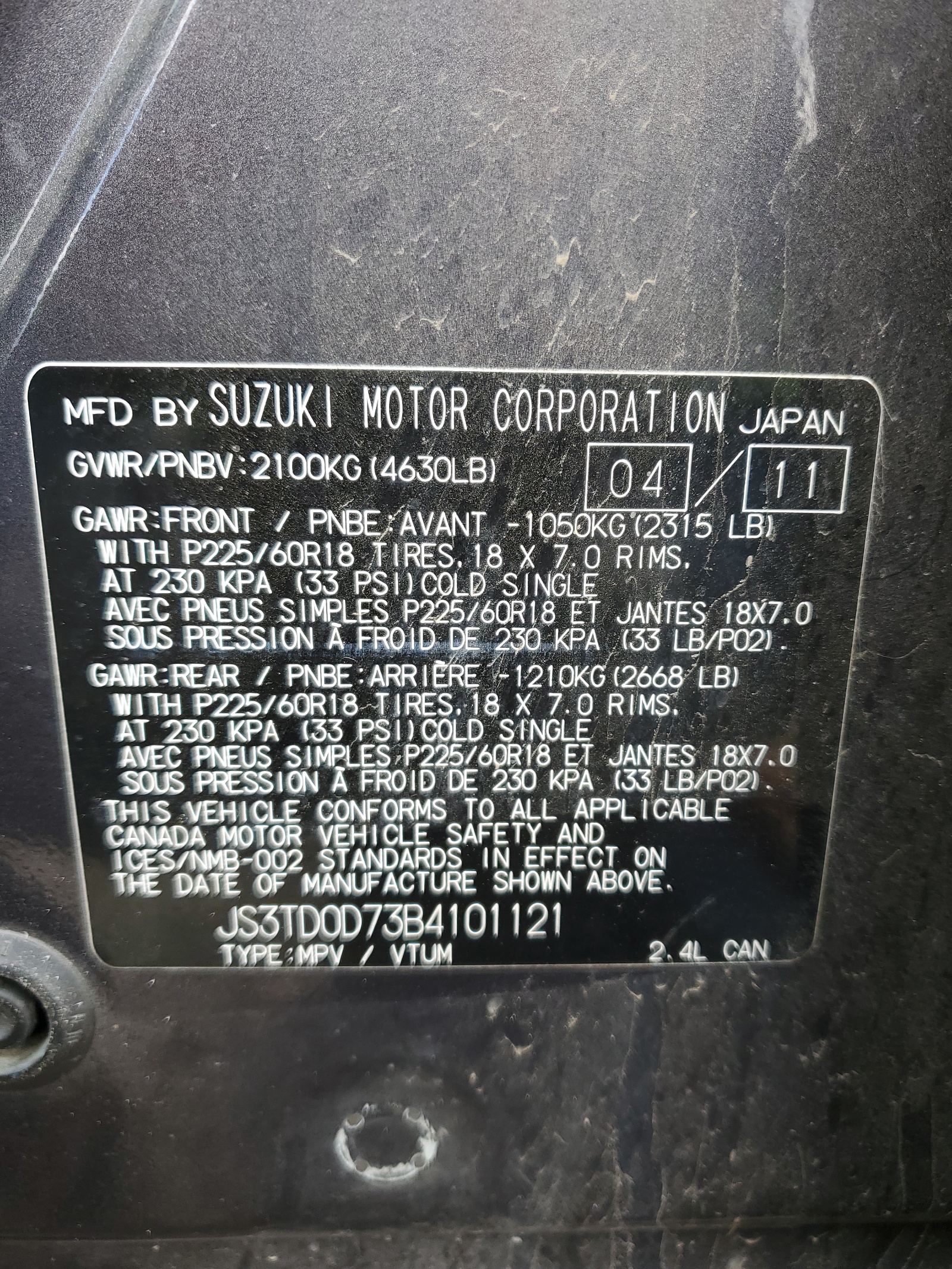 JS3TD0D73B4101121 2011 Suzuki Grand Vitara Jlx