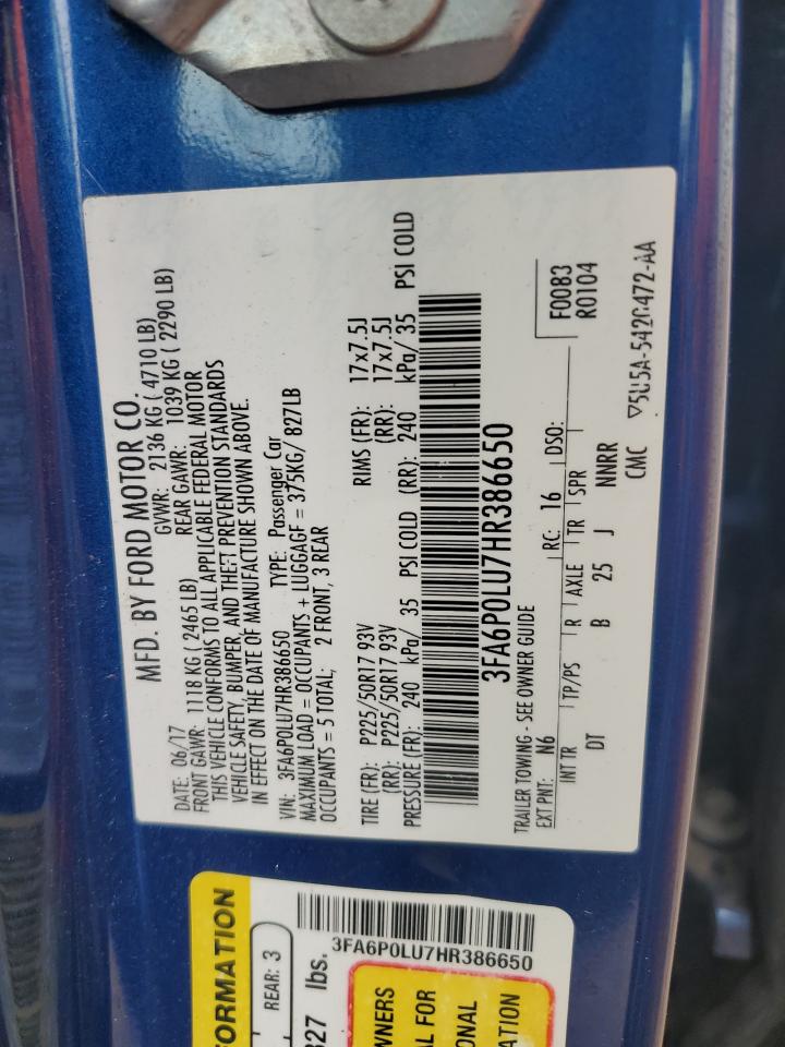 2017 Ford Fusion Se Hybrid VIN: 3FA6P0LU7HR386650 Lot: 58163694