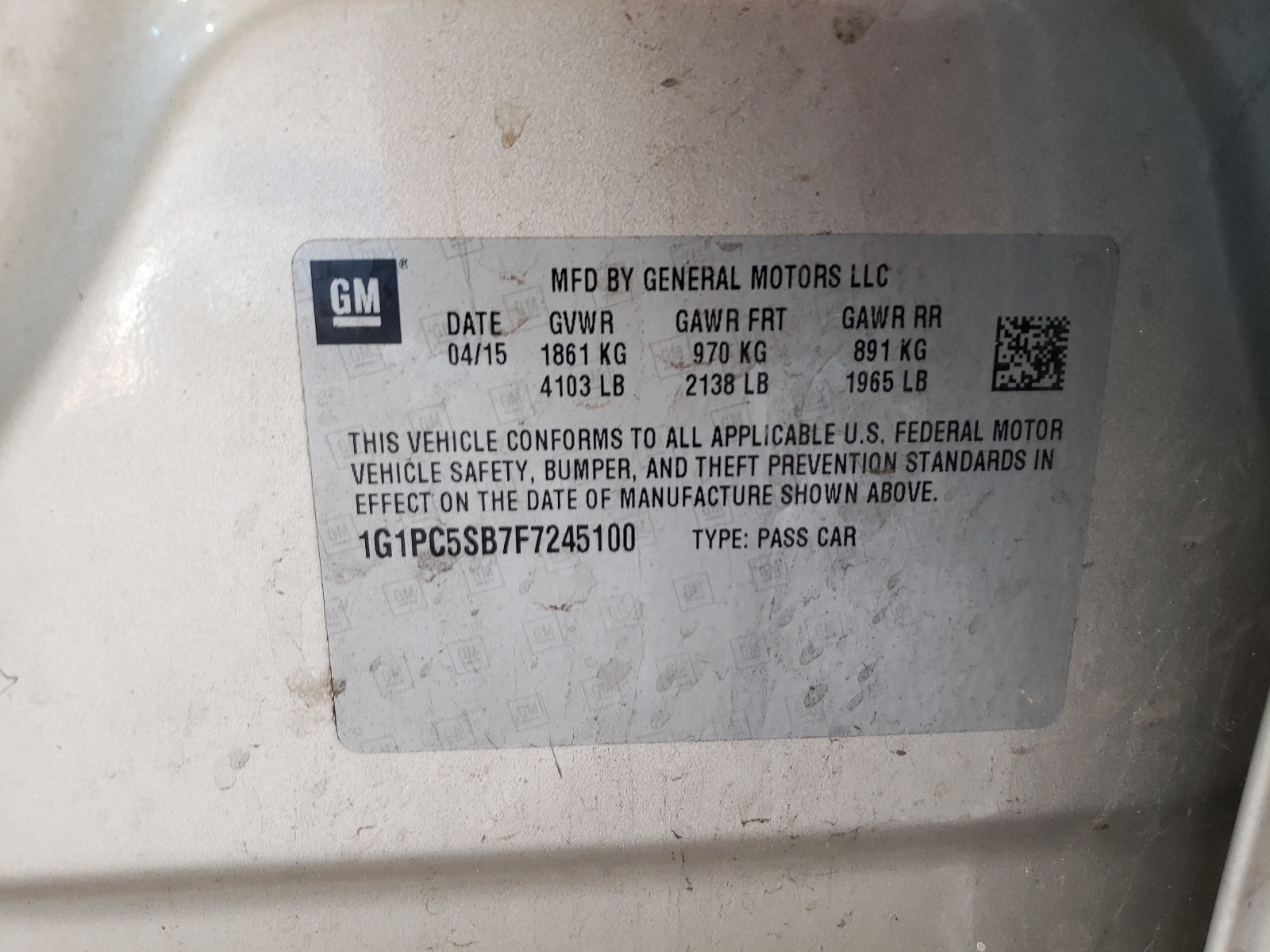 1G1PC5SB7F7245100 2015 Chevrolet Cruze Lt