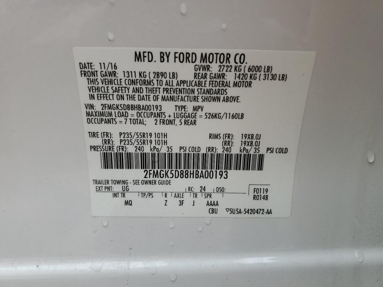 2017 Ford Flex Limited VIN: 2FMGK5D88HBA00193 Lot: 61092254