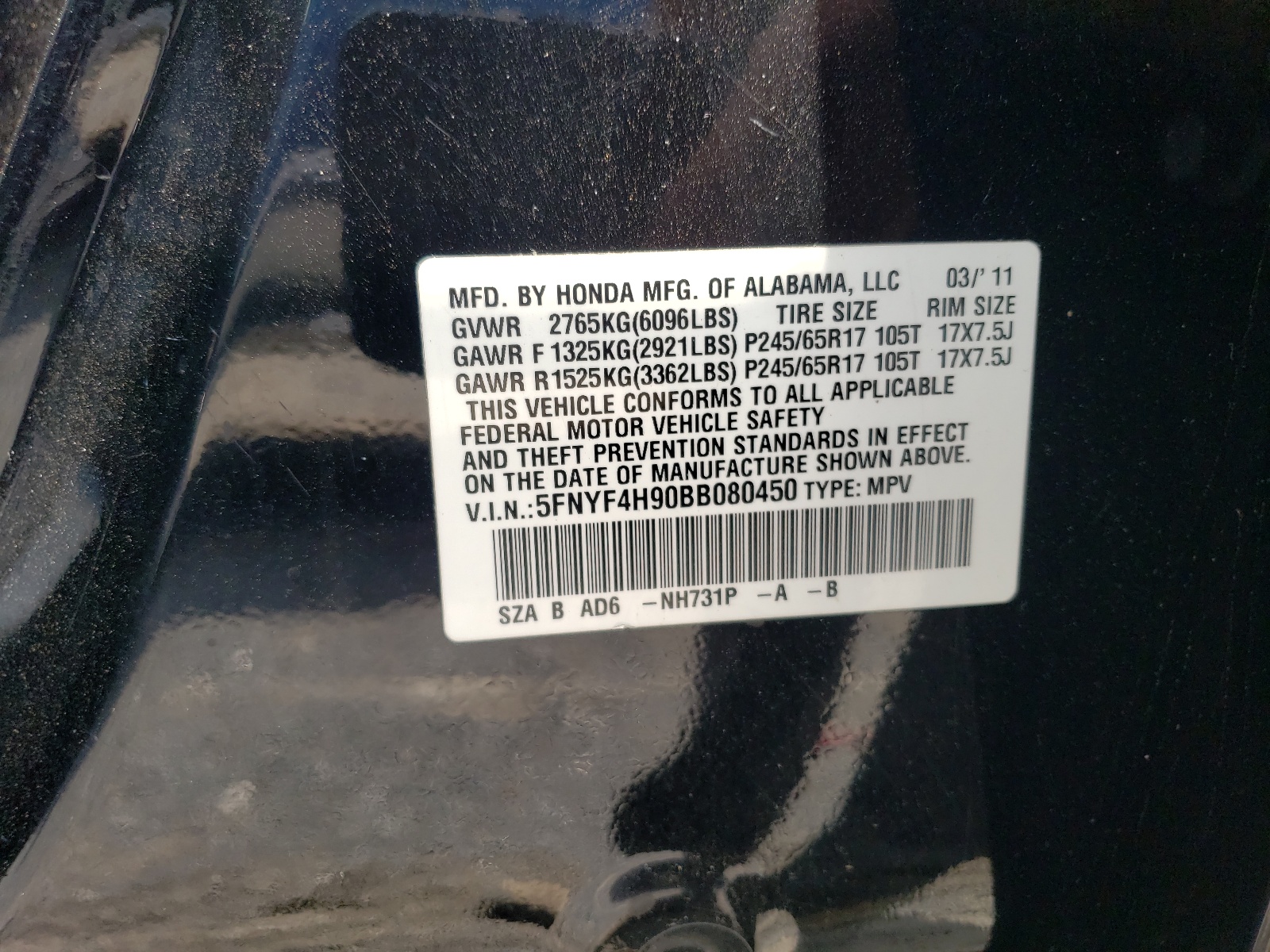 5FNYF4H90BB080450 2011 Honda Pilot Touring