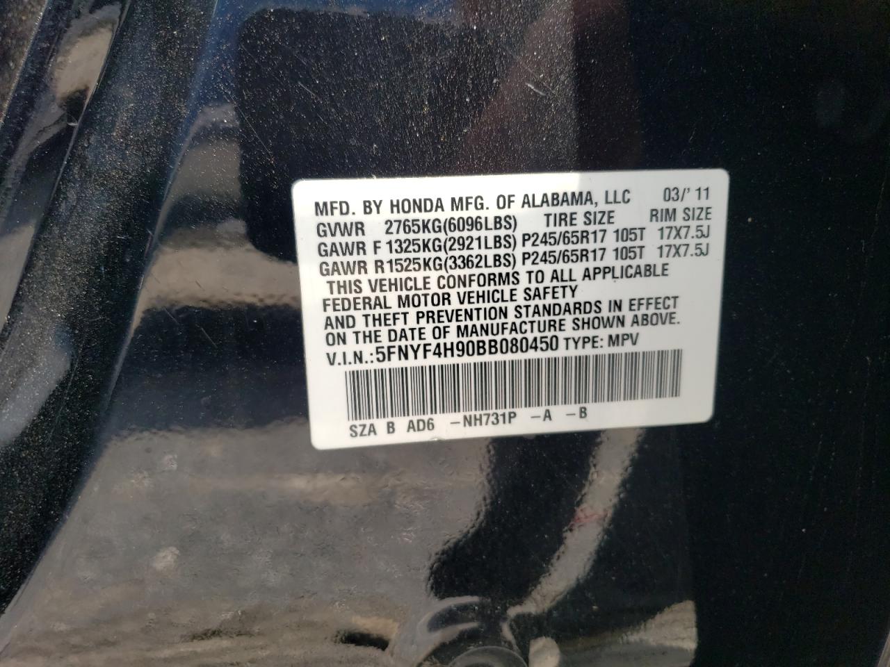 2011 Honda Pilot Touring VIN: 5FNYF4H90BB080450 Lot: 61129994