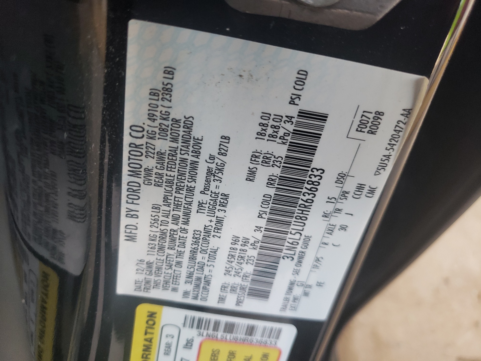 3LN6L5LU8HR636833 2017 Lincoln Mkz Hybrid Select