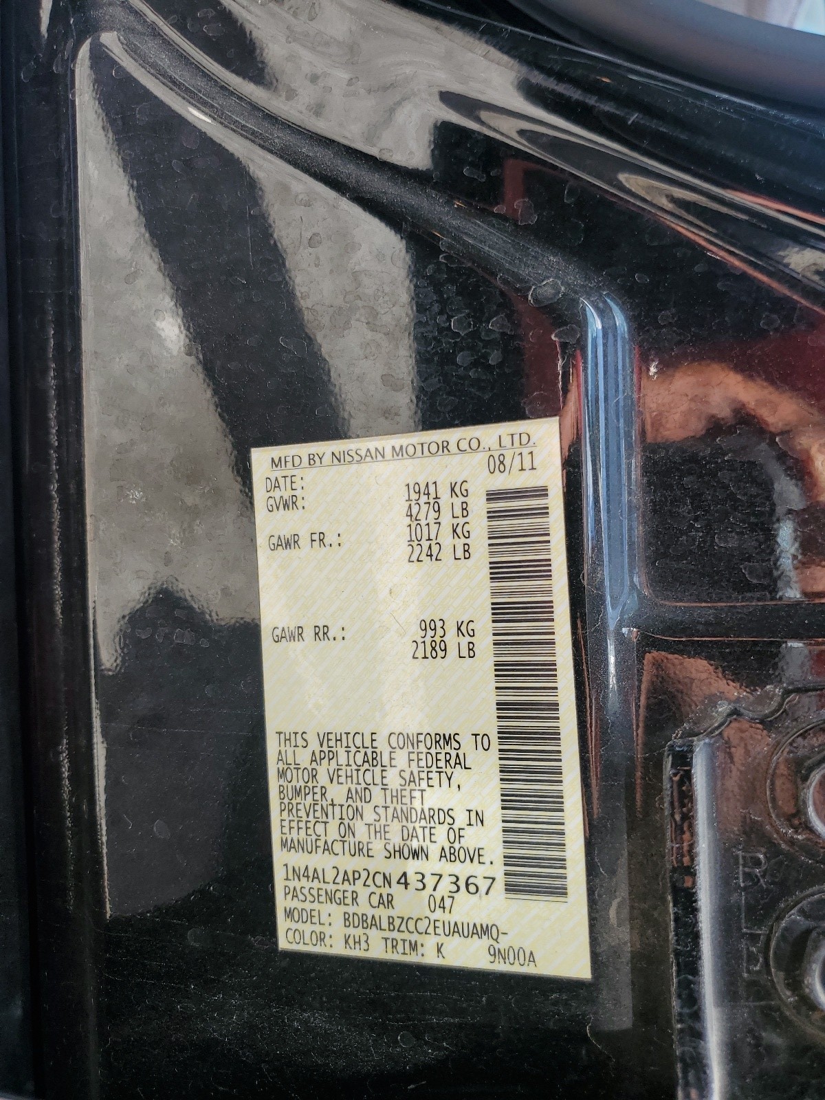 2012 Nissan Altima Base vin: 1N4AL2AP2CN437367