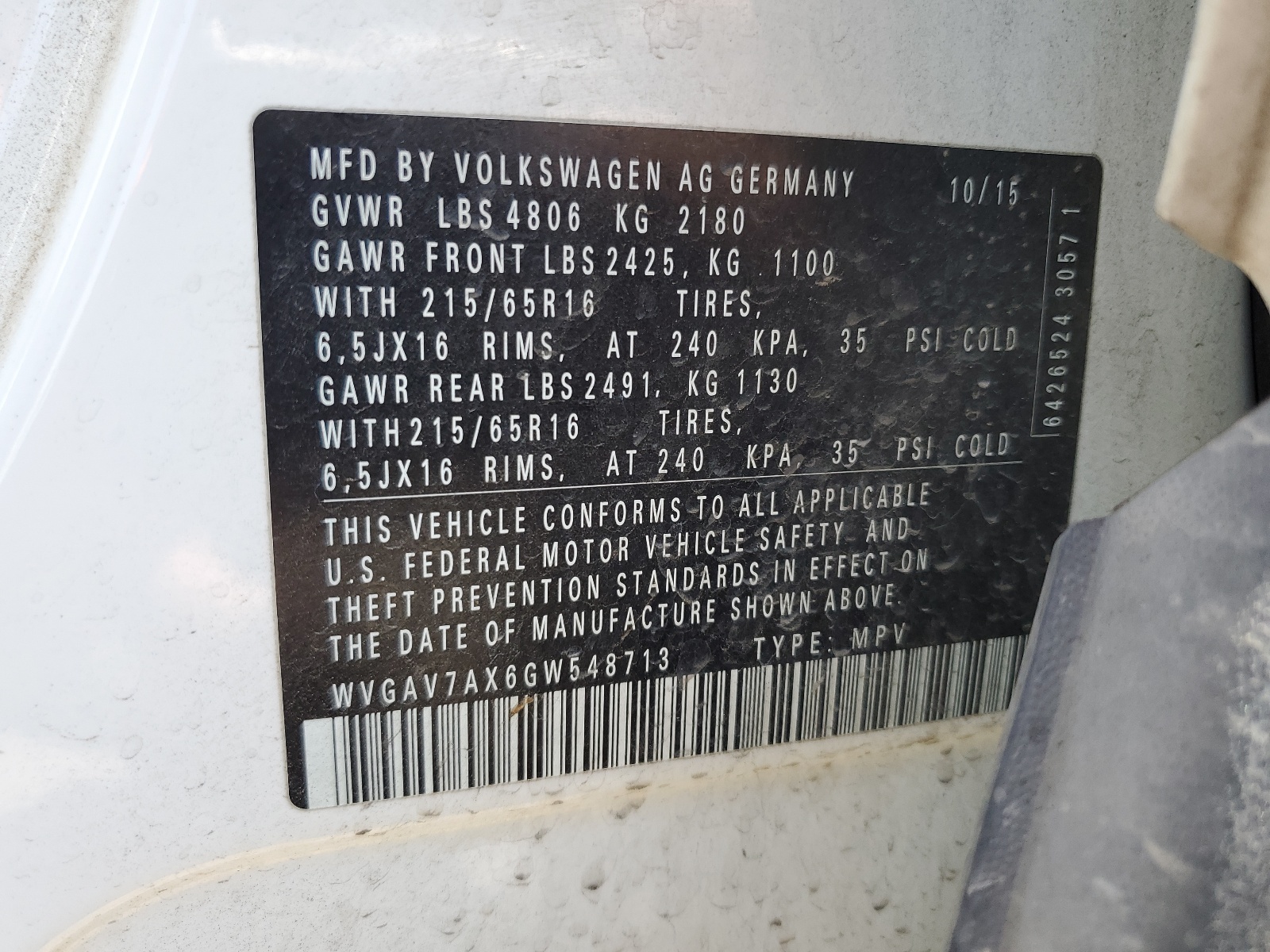 WVGAV7AX6GW548713 2016 Volkswagen Tiguan S