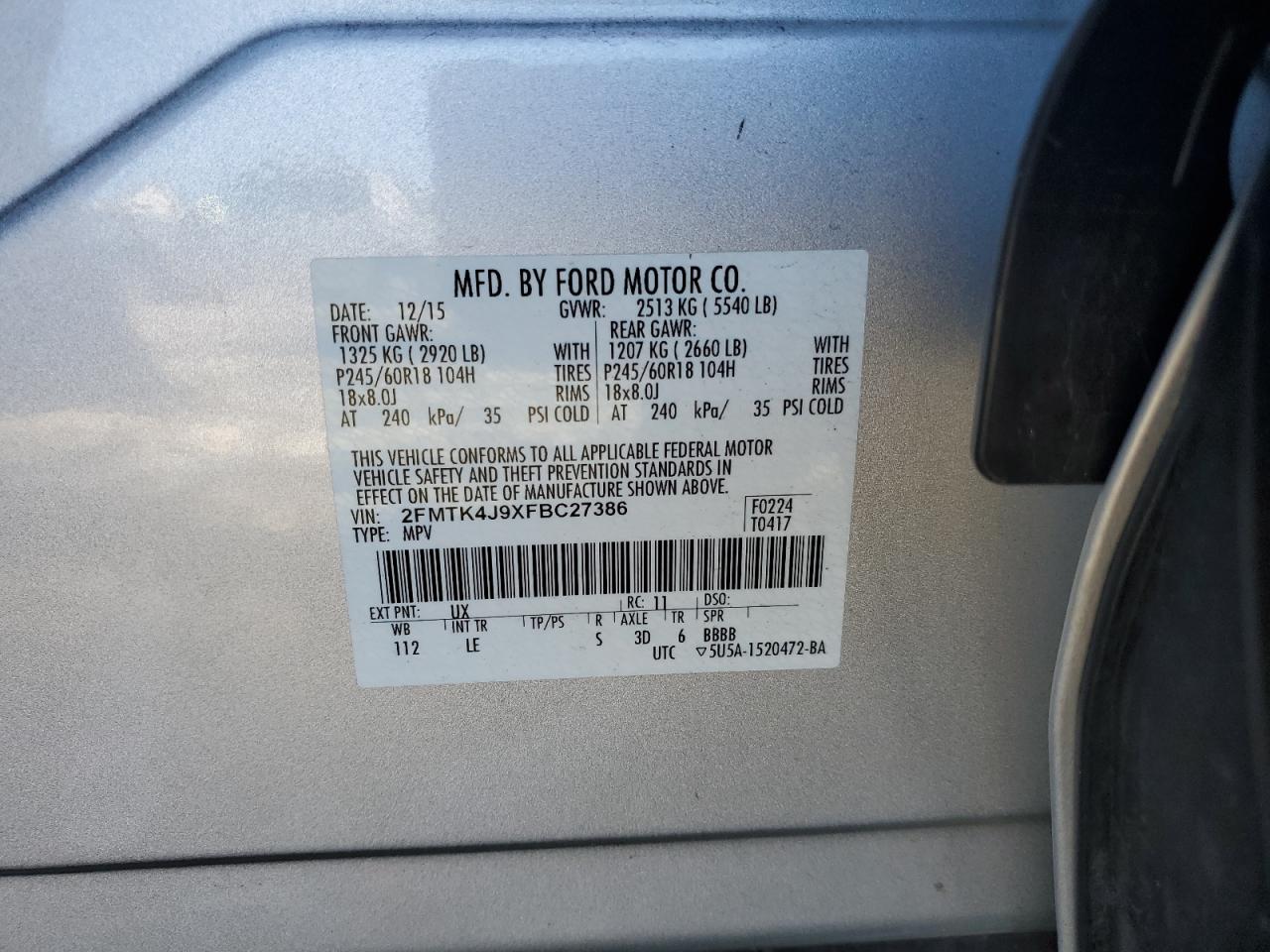 2FMTK4J9XFBC27386 2015 Ford Edge Sel