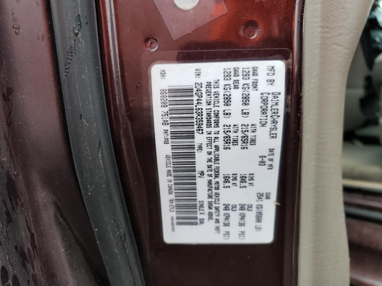 2003 Dodge Grand Caravan Sport VIN: 2D4GP44L63R359467 Lot: 57331124