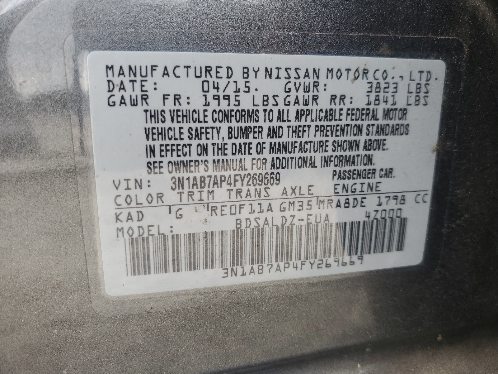 3N1AB7AP4FY269669 2015 Nissan Sentra S