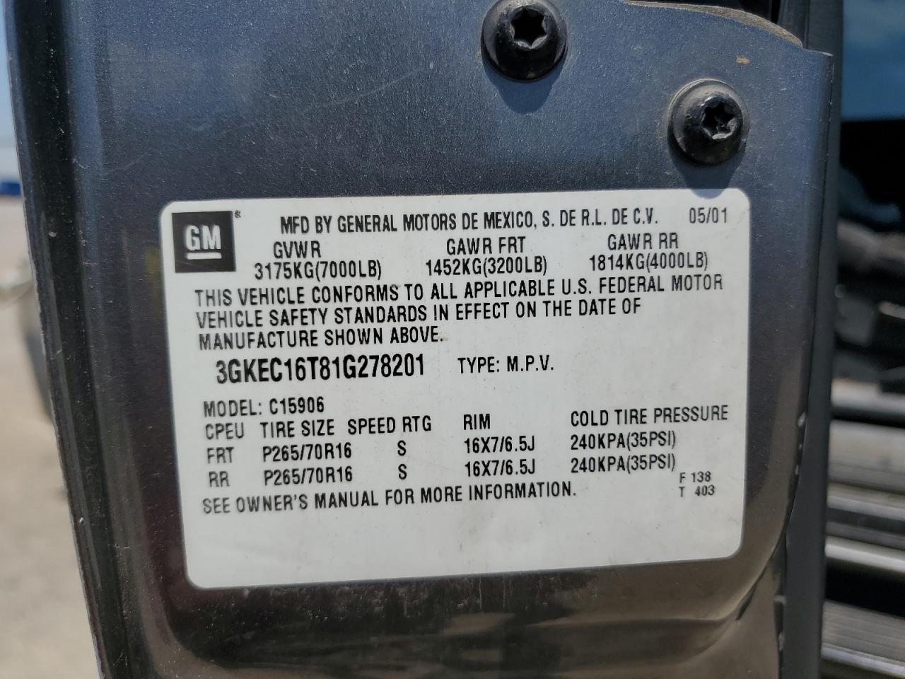 2001 GMC Yukon Xl C1500 VIN: 3GKEC16T81G278201 Lot: 86074604