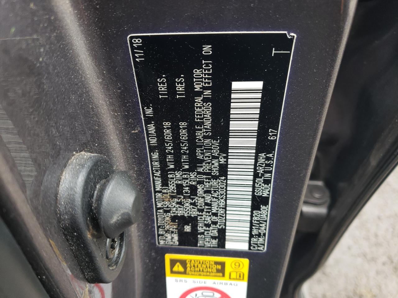 2019 Toyota Highlander Le VIN: 5TDZZRFH6KS303024 Lot: 58551144