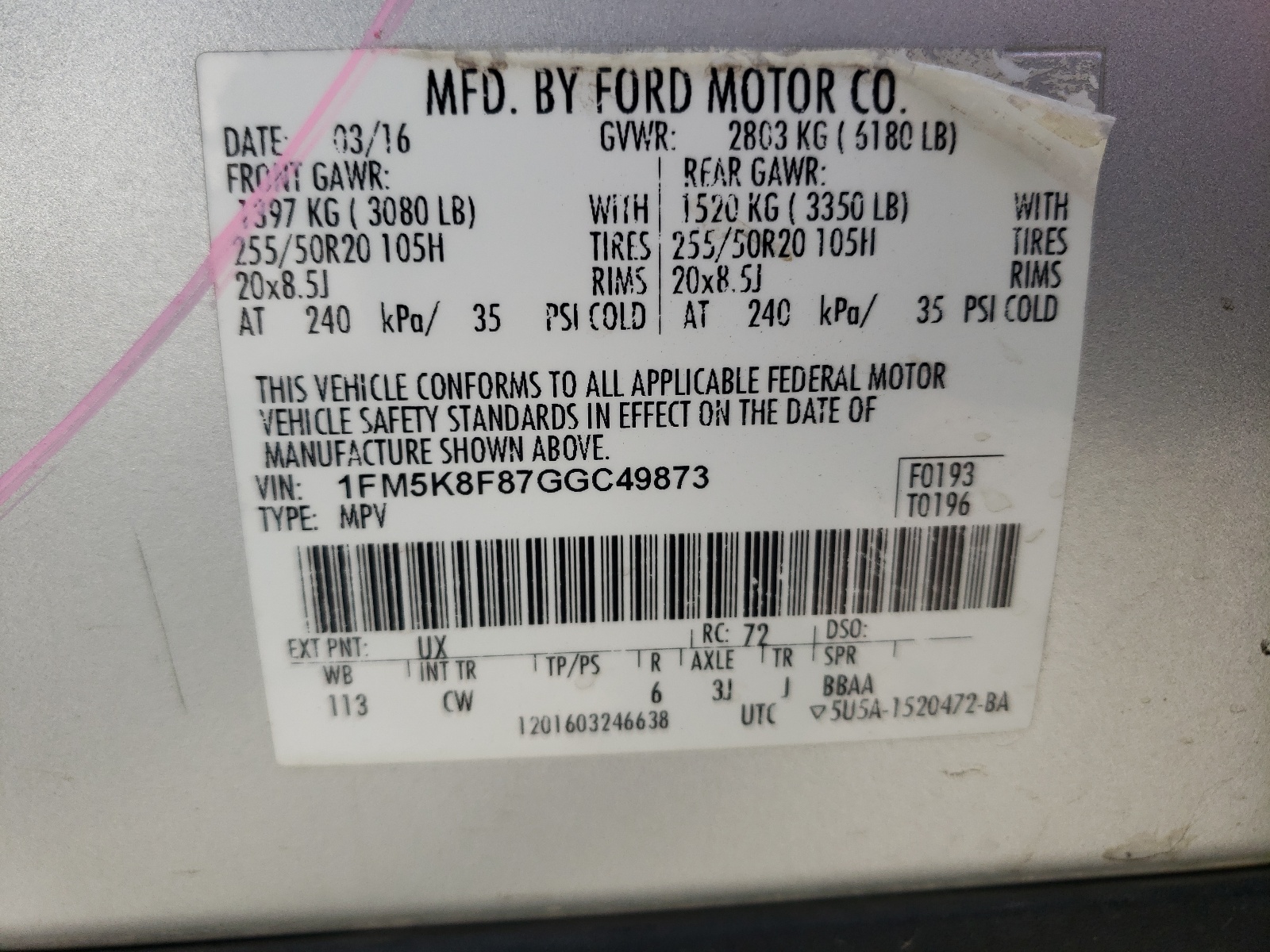 1FM5K8F87GGC49873 2016 Ford Explorer Limited