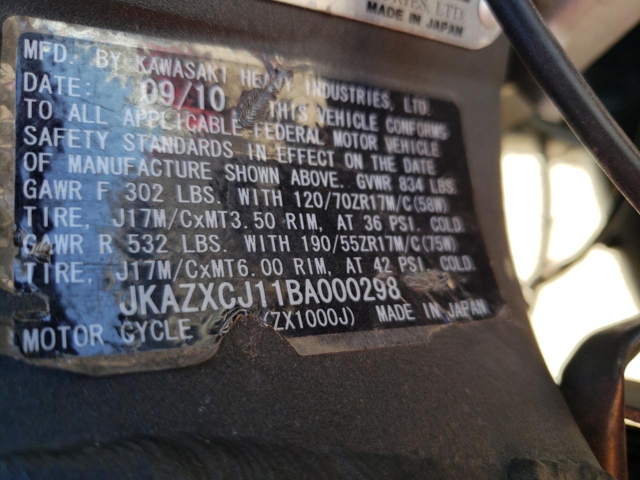 2019 Kawasaki Zx1000 J VIN: JKAZXCJ11BA000298 Lot: 58501324